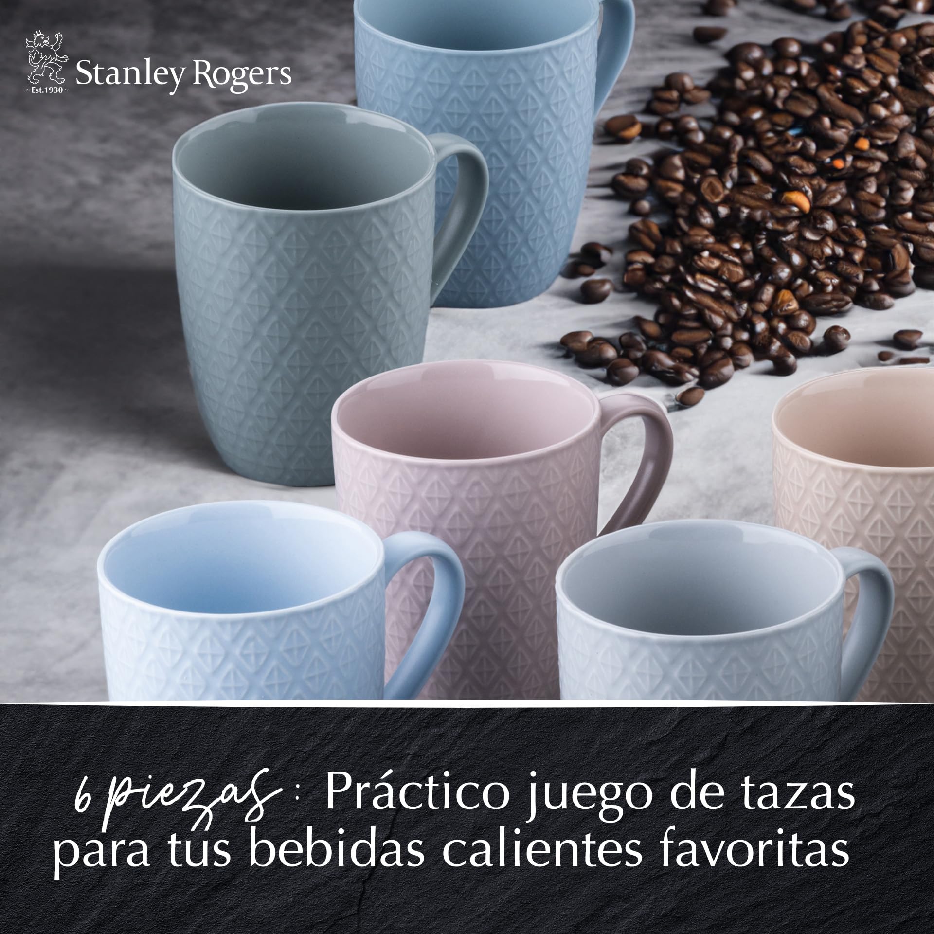 Stanley Rogers Juego de 6 tazas - Tazas de café con un moderno diseño de rombos - Material New Bone de alta calidad en colores pastel - Perfectas para café, té o cacao - 340 ml de volumen