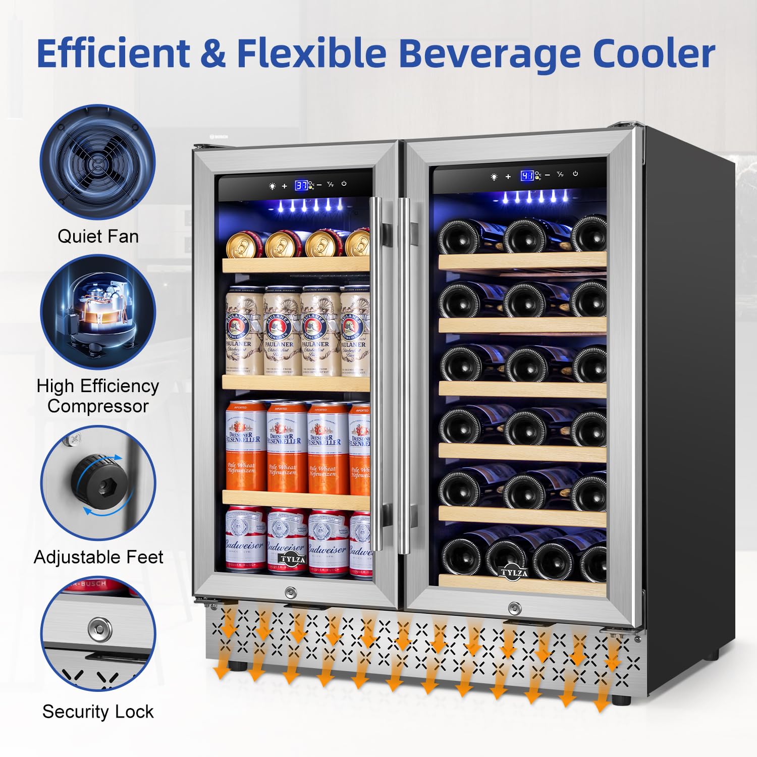 Tylza 30 Inch Wine And Beverage Refrigerator, Dual Zone Wine Beverage Cooler 30" With French Door, Under Counter Wine Beer Fridge Built-In Or Freestanding, Holds 29 Bottles And 110 Cans Tybc200 on Fridge.com - View 5