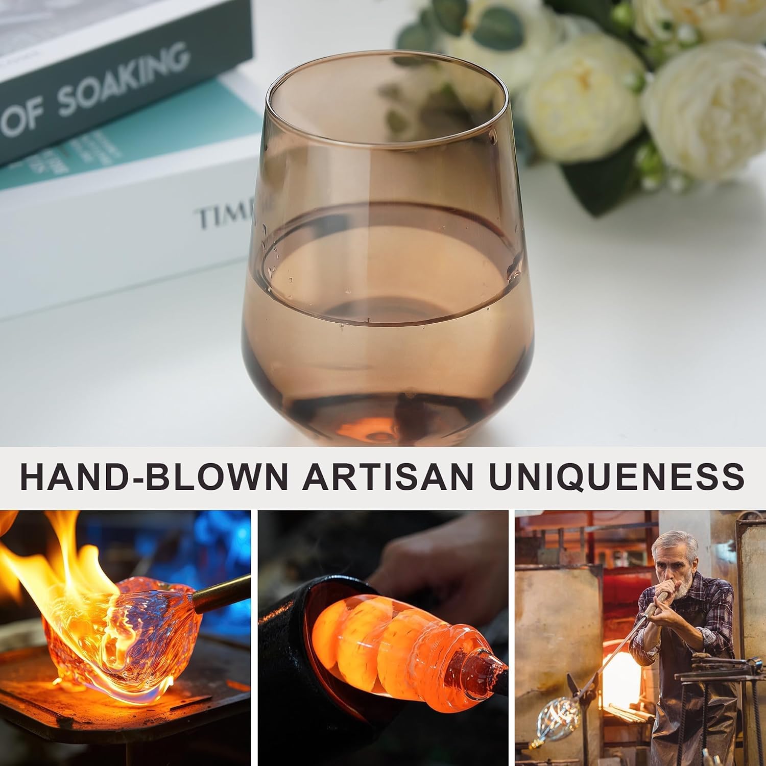 Brown Stemless Wine Glasses Set of 6, 15oz Drinking Glassware Dishwasher Safe, Wine Glass Tumblers for Red or White, Gift for Party, Holiday, Anniversary, Restaurant, Home Bar, Daily Use - Image 6