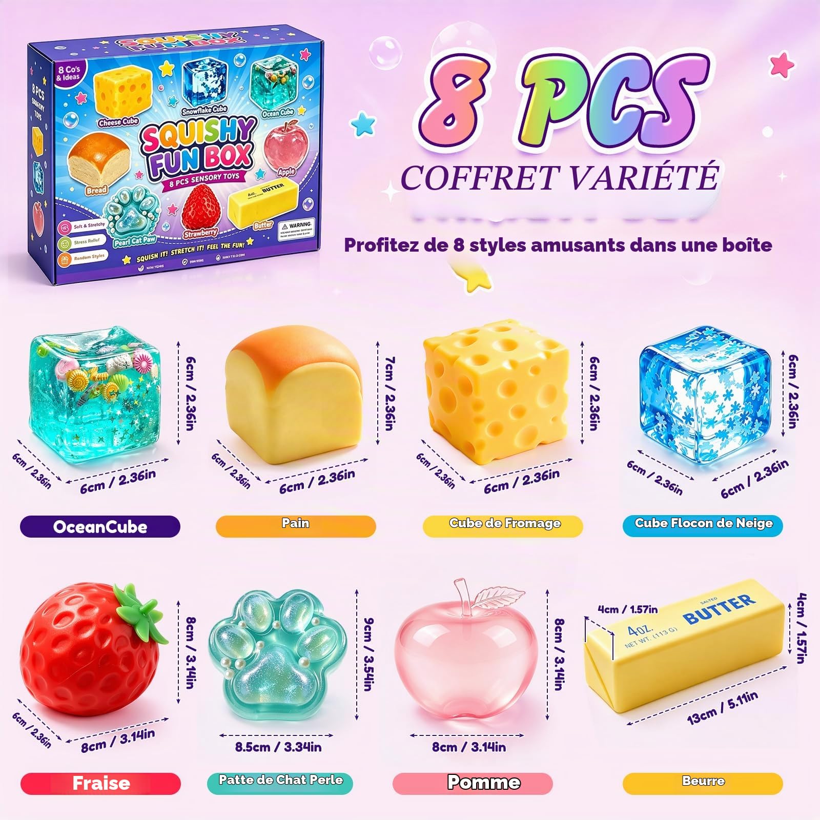 8PCS Squishy Fun Box Set Butter,Fraise,Cheese,Taba