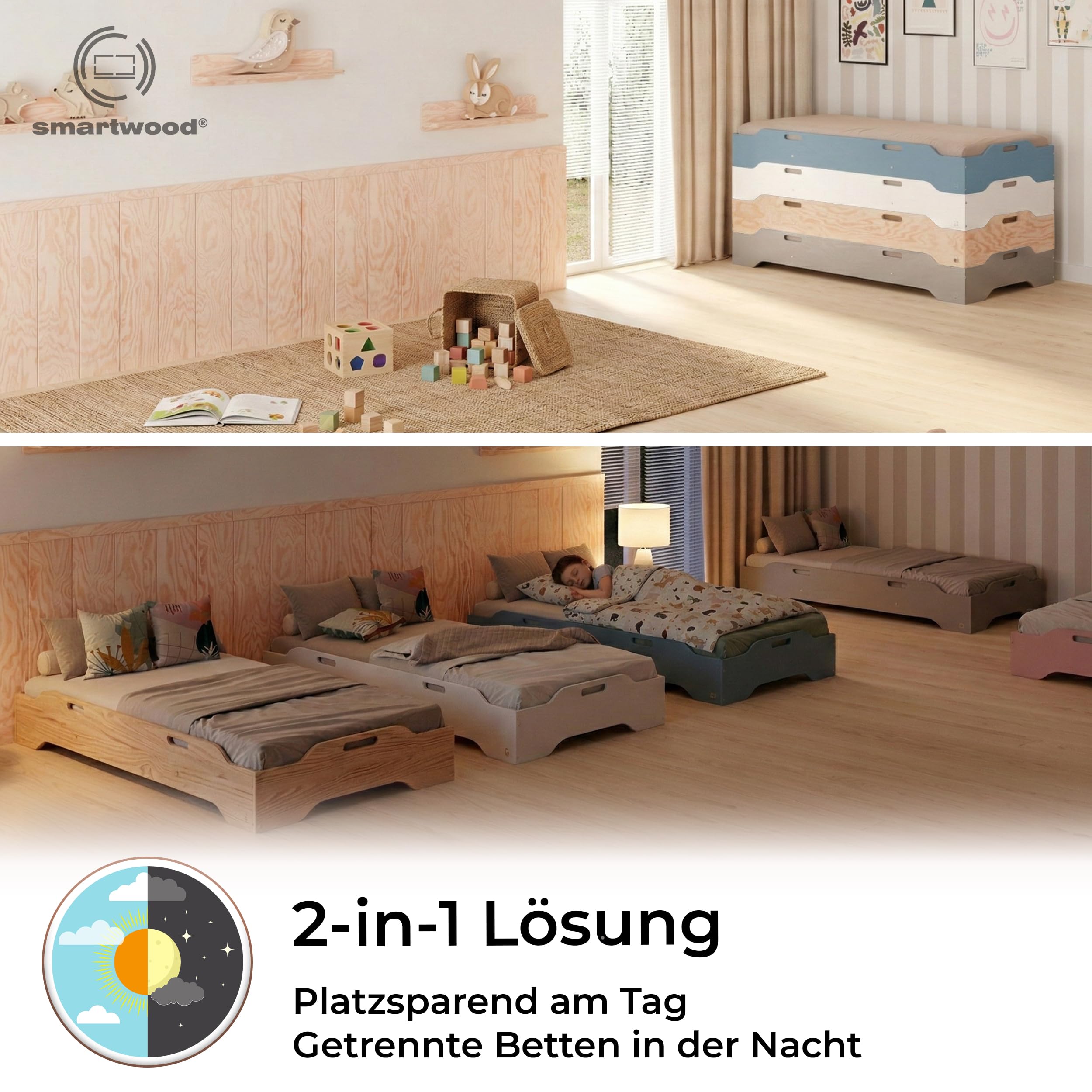 smartwood Stapelbett 90x200 cm mit Lattenrost, aus Holz, Weiß, TILA 8