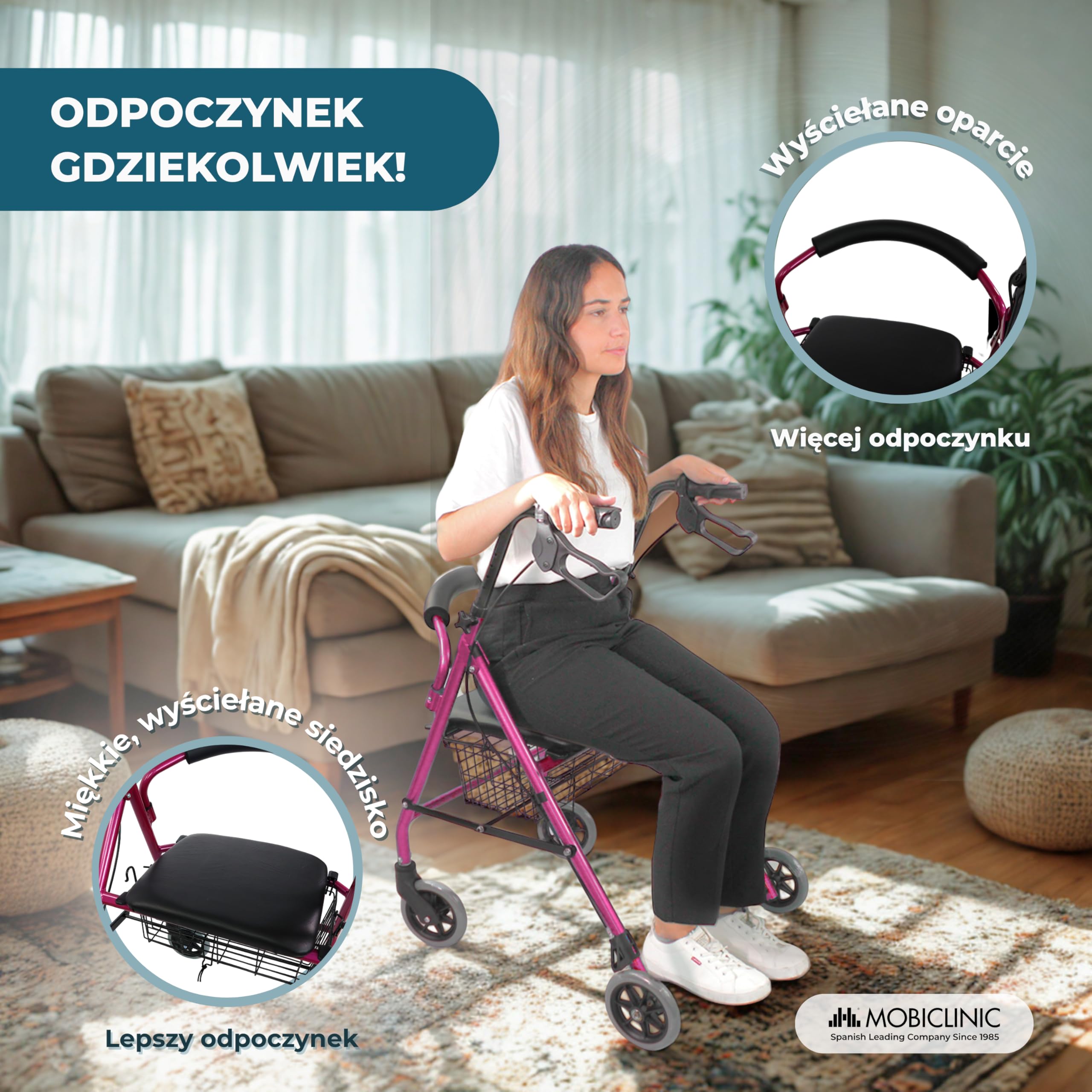 Chodzik | Składany | Aluminium | Hamulce na dźwigniach | Siedzisko i oparcie | 4 koła | Różowy | Escorial | Mobiclinic