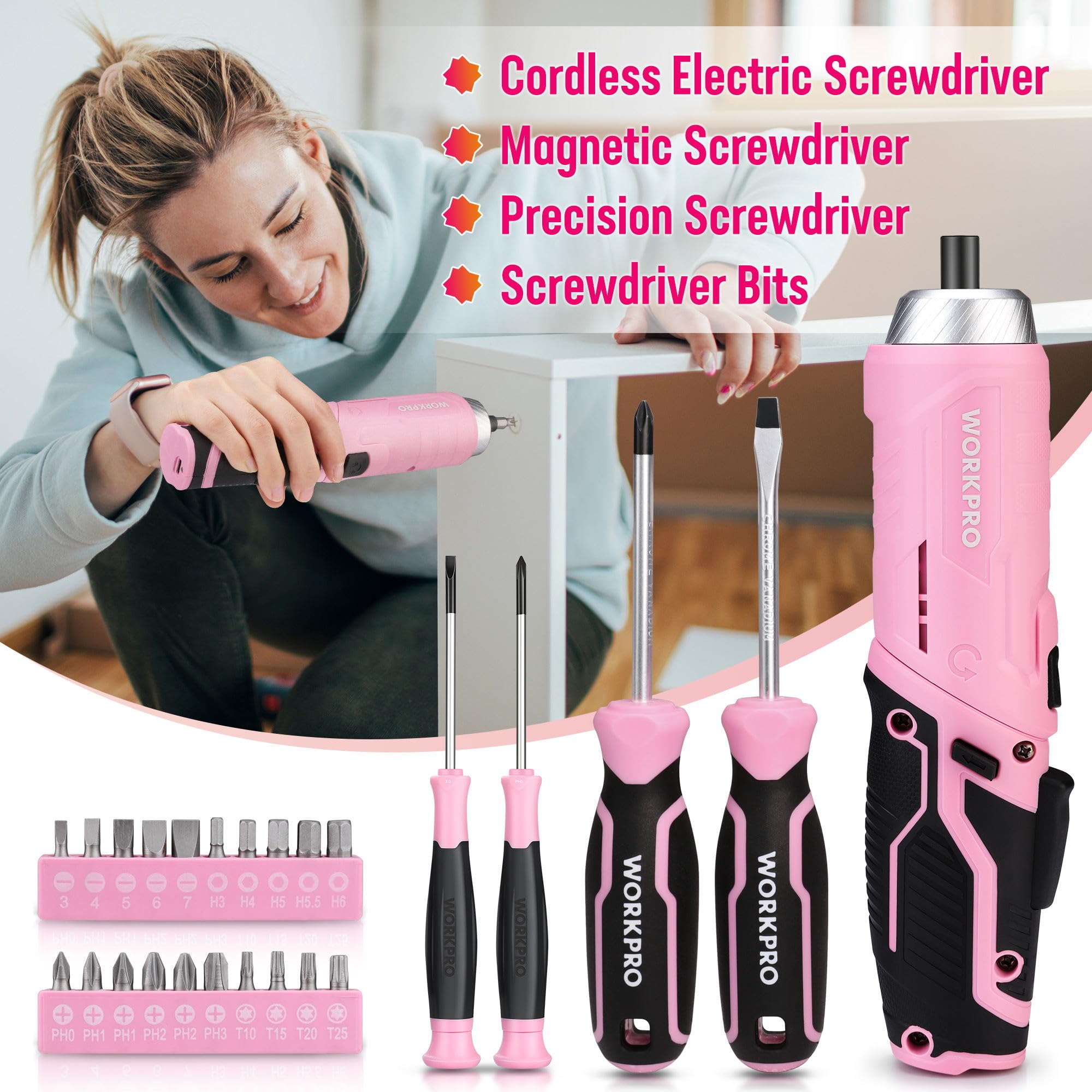 WORKPRO 73-Piece Pink Tool Set including Cordless 3.7V Screwdriver, Pink Tool Kit with Toolbox - Image 3