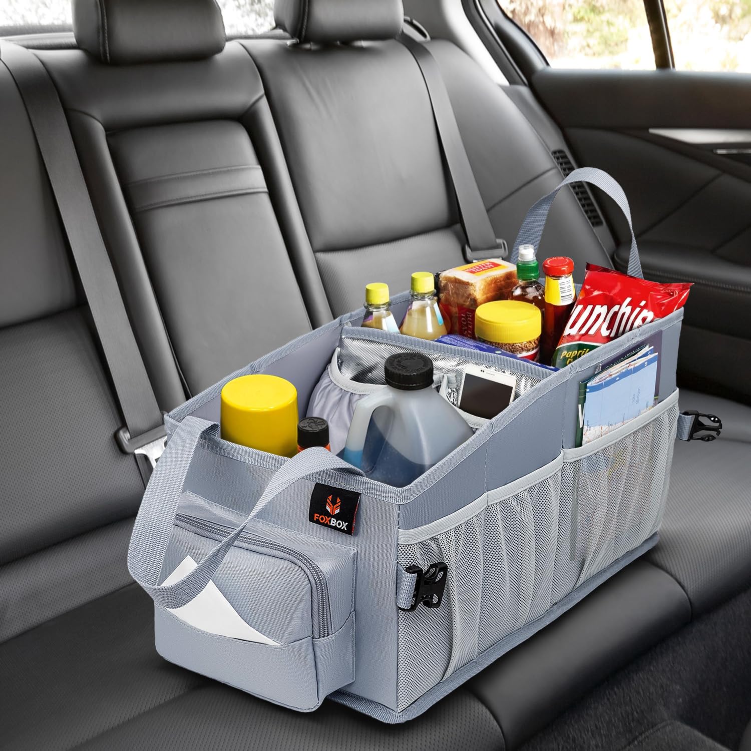 FoxBox Organizador de coche para asiento delantero con caja de pañuelos y portavasos, organizador de asiento trasero entre asientos | Organizador de piso para asiento de pasajero debajo del asiento