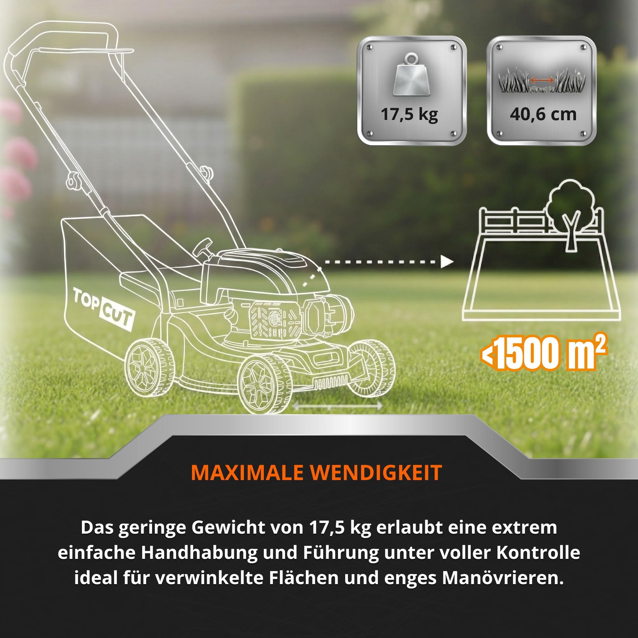 TOP CUT Tosaerba a benzina TC-LS-40-149L, larghezza di taglio 40 cm, leggero e maneggevole, 149 cc, 3000 giri/min, cestino 45 l, 7 Nm, motore QL150 OHV, Easy Start, antiruggine