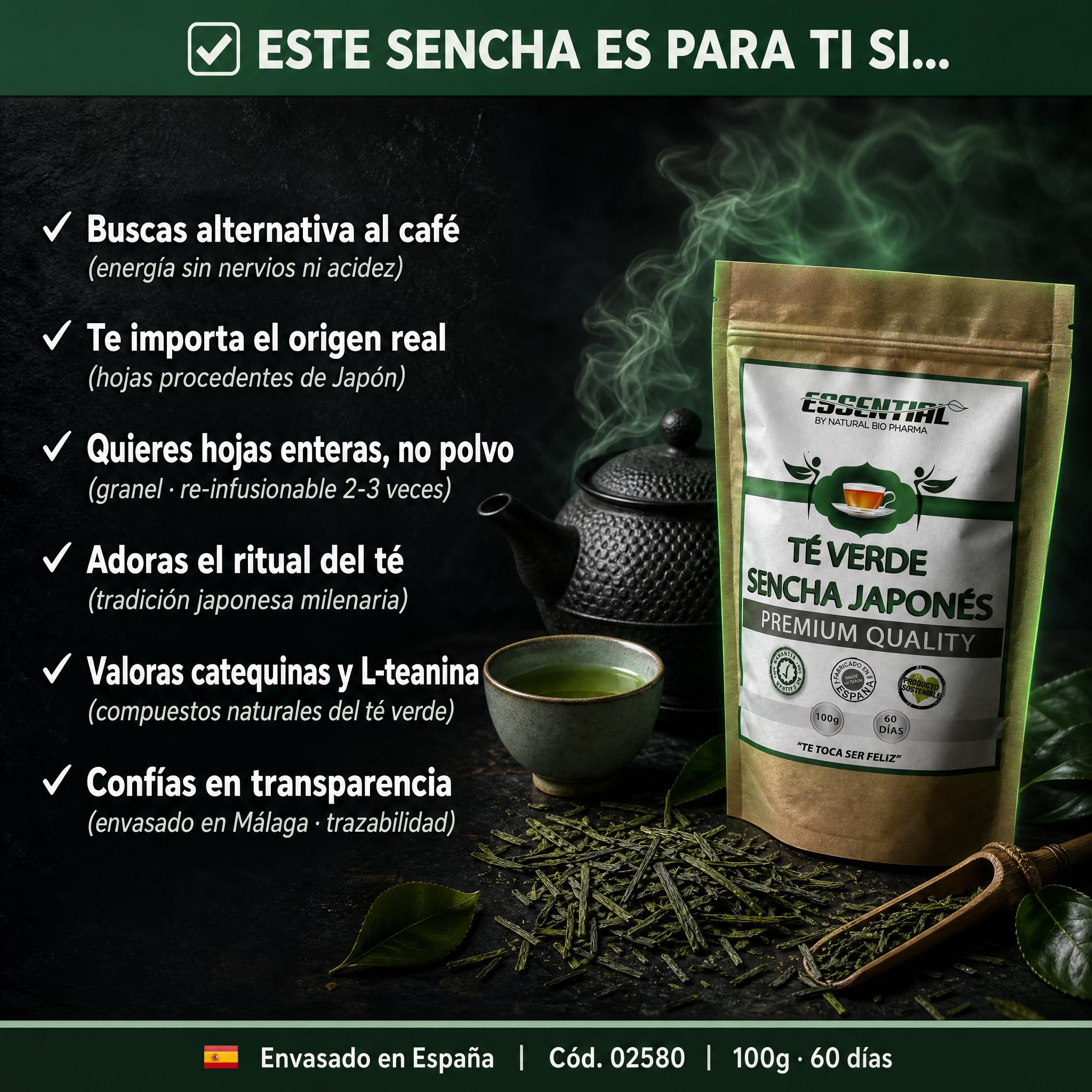 Té Verde Sencha Japonés 100% Natural y Orgánico. Potente Quemagrasas con Efecto Adelgazante y alto contenido de Antioxidantes (refuerza tu Sistema Inmunológico). Detox Té.