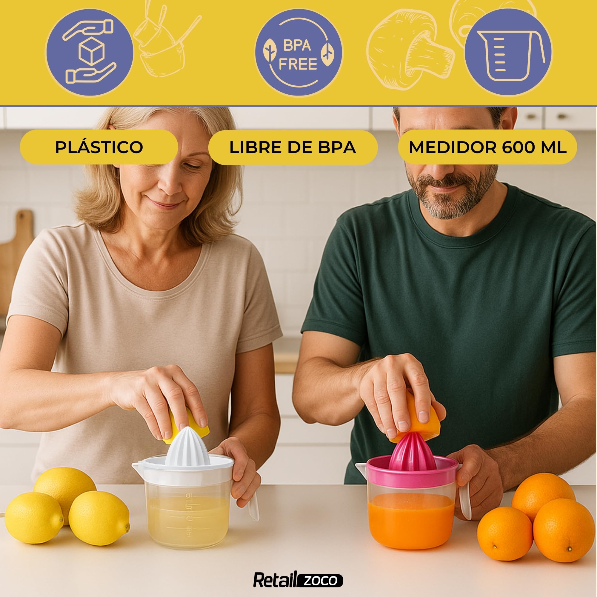 CHEFZOCO Exprimidor manual de plástico 600 ml para naranjas y limones transparente
