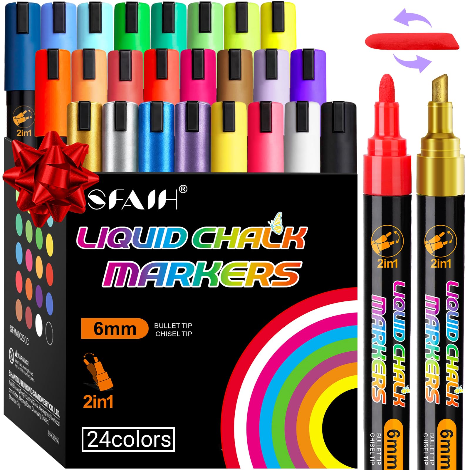 SFAIH Liquid Chalk Markers for Blackboard Glass, 24 Vibrant Colors, 6mm Tip