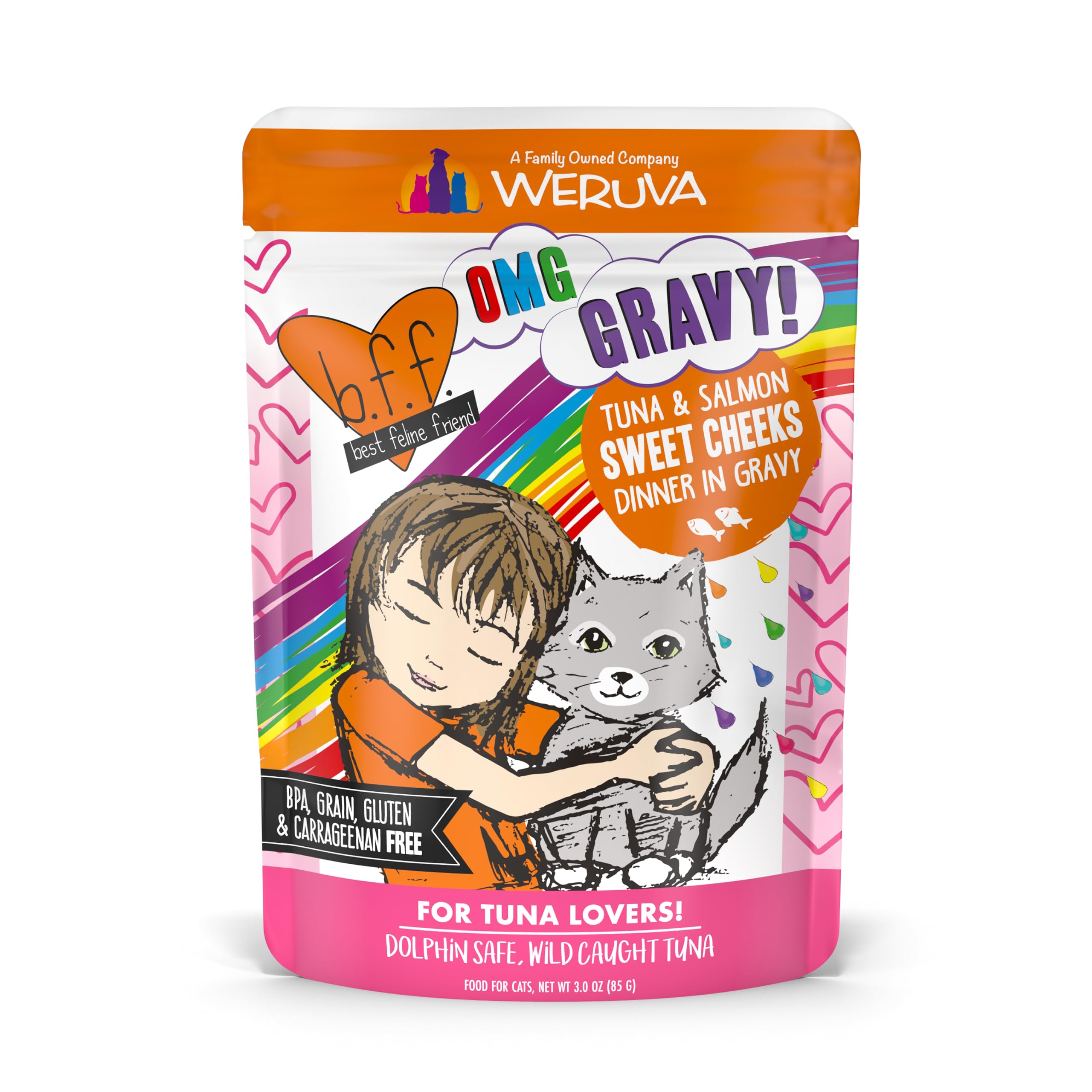 B.F.F. OMG - Best Feline Friend Oh My Gravy!, Tuna & Salmon Sweet Cheeks with Tuna & Salmon in Gravy Cat Food, 3oz Pouch (Pack of 12)