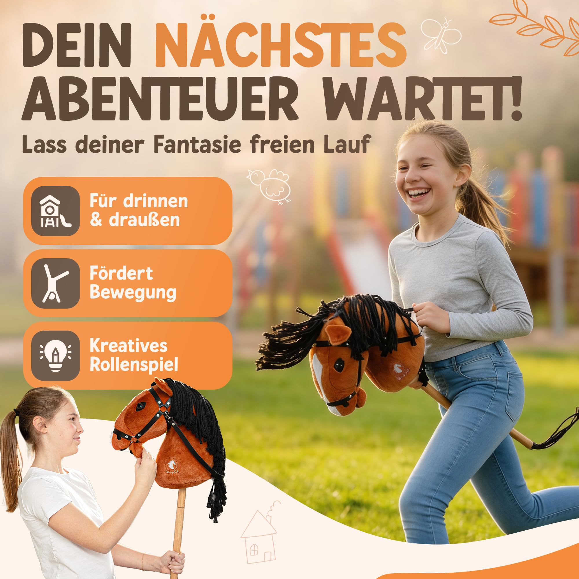 Hobby Horse mit anpassbaren Holzstangen, Steckenpferd Braun, Hobby Horse Pferde für Reitspass, Steckenpferde Kinder, Stockpferd, Stockpferd für Kinder,