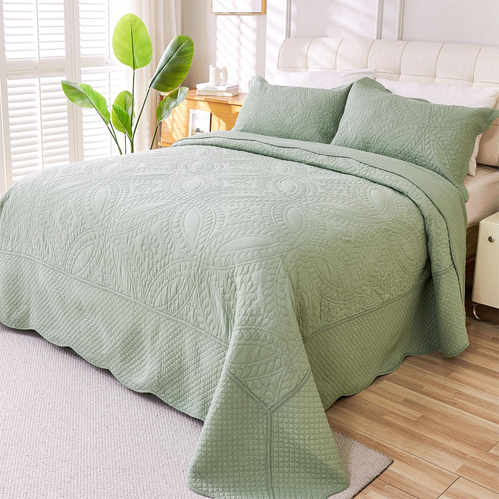 Photo 1 of 100% Cotton Quilt Oversized King Size-Sage Green Bedspread 120"x120"-Coin Pattern Bedding Set 3 Pieces-Pre-Washed Lightweight Microfiber Coverlet-Suitable for Bed,Couch,Quilt Blanket All Seasons
