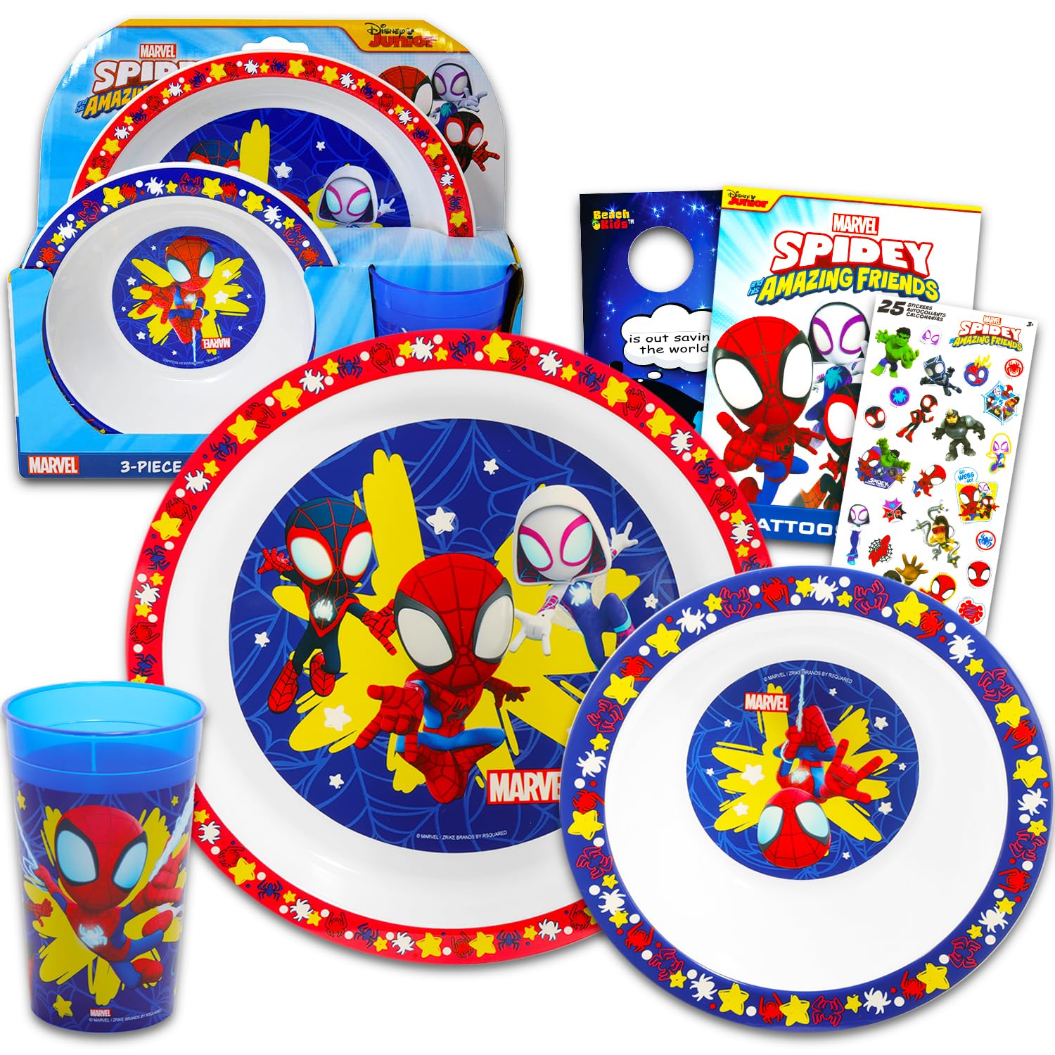 Spidey and His Amazing Friends Dinnerware Set for Kids, Toddlers - 3 Pc Kitchen Accessories Bundle with Spidey and Friends Dinner Plate, Cup, Stickers, More | Spiderman Flatware Set
