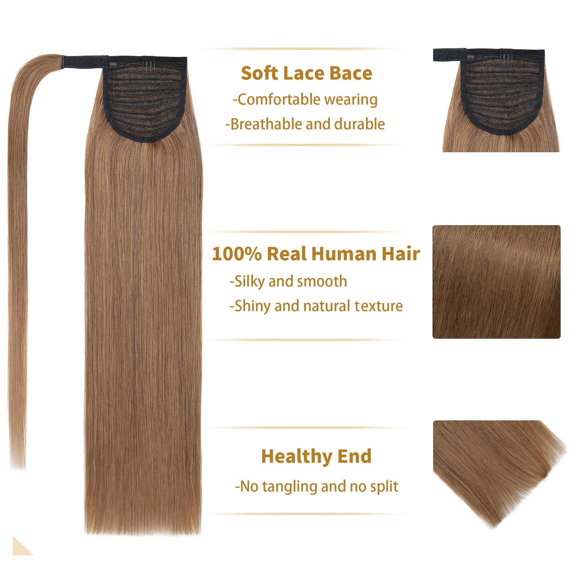 SEGO Ponytail Pferdeschwanz Haarteil Zopf extensions Haarverlängerung clip in Pony Echthaar remy Hair Piece Hellbraun 16"(45cm)-80g