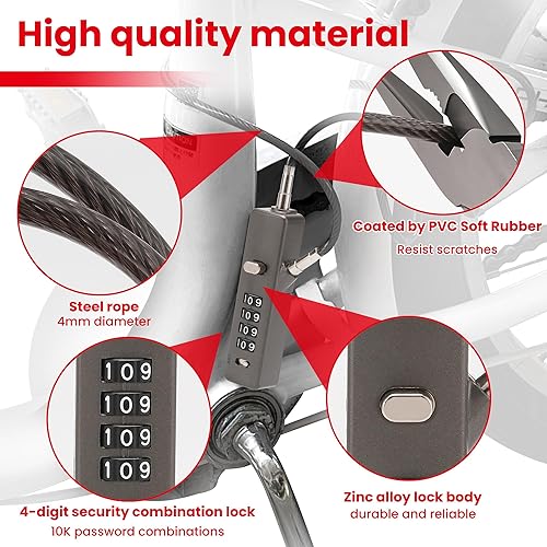 Miniatura 4 de Cerradura de cable de combinación de 4 dígitos, cerradura de puerta, 3 cuerdas de acero reemplazables (11.8 pulgadas, 23.6 pulgadas, 47.2 pulgadas)