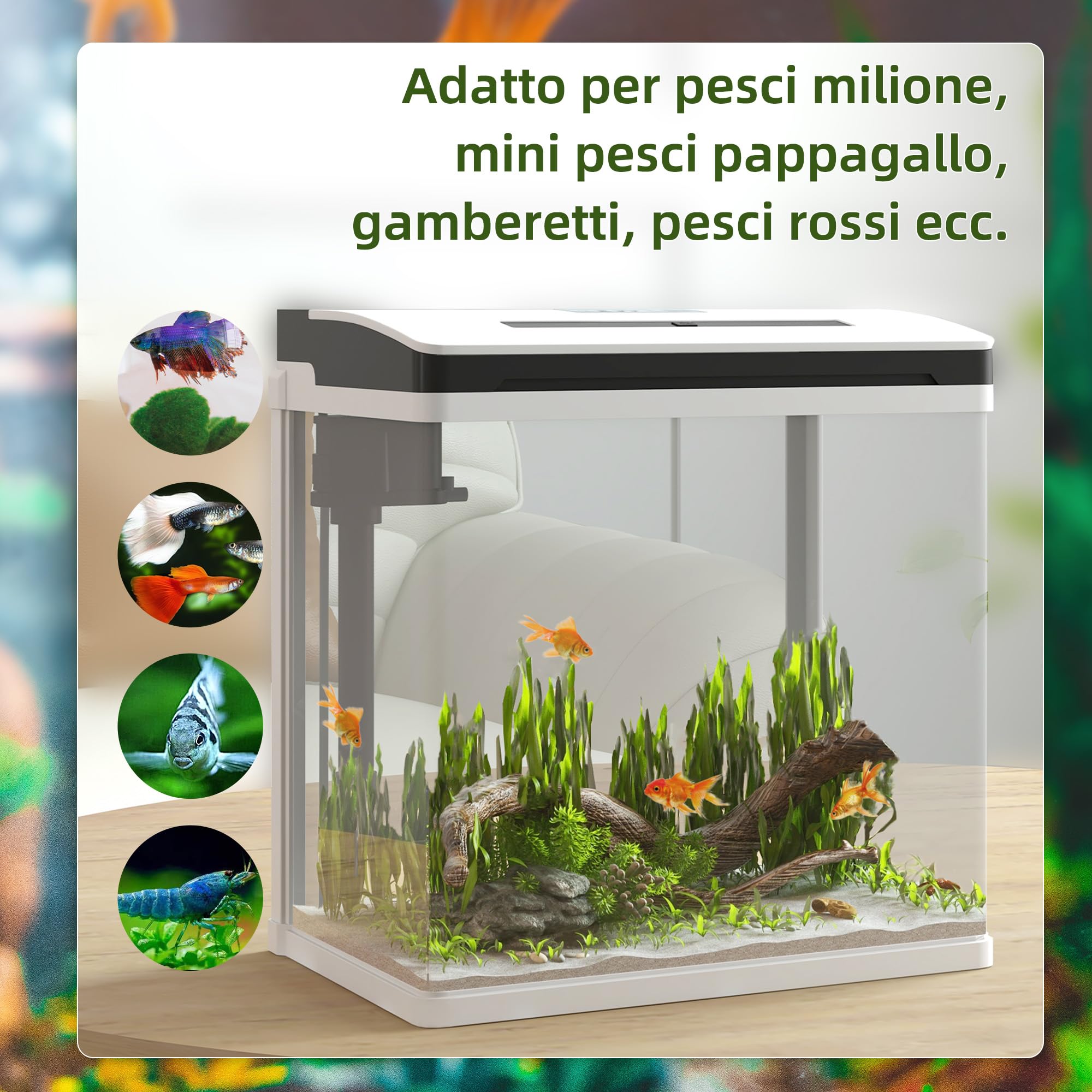PawHut Acuario de Cristal de 13L Pecera Pequeña con Sistema de Filtro Iluminación LED Bomba de Agua 29x20x30,5 cm Blanco