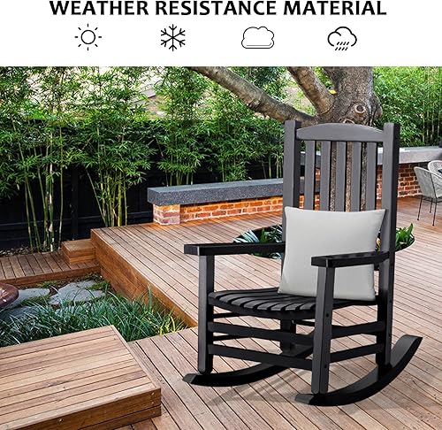 Miniatura 4 de Hupmad Silla mecedora de madera de gran tamaño para porche, balancín de patio al aire libre con respaldo alto y reposabrazos, listones para todo