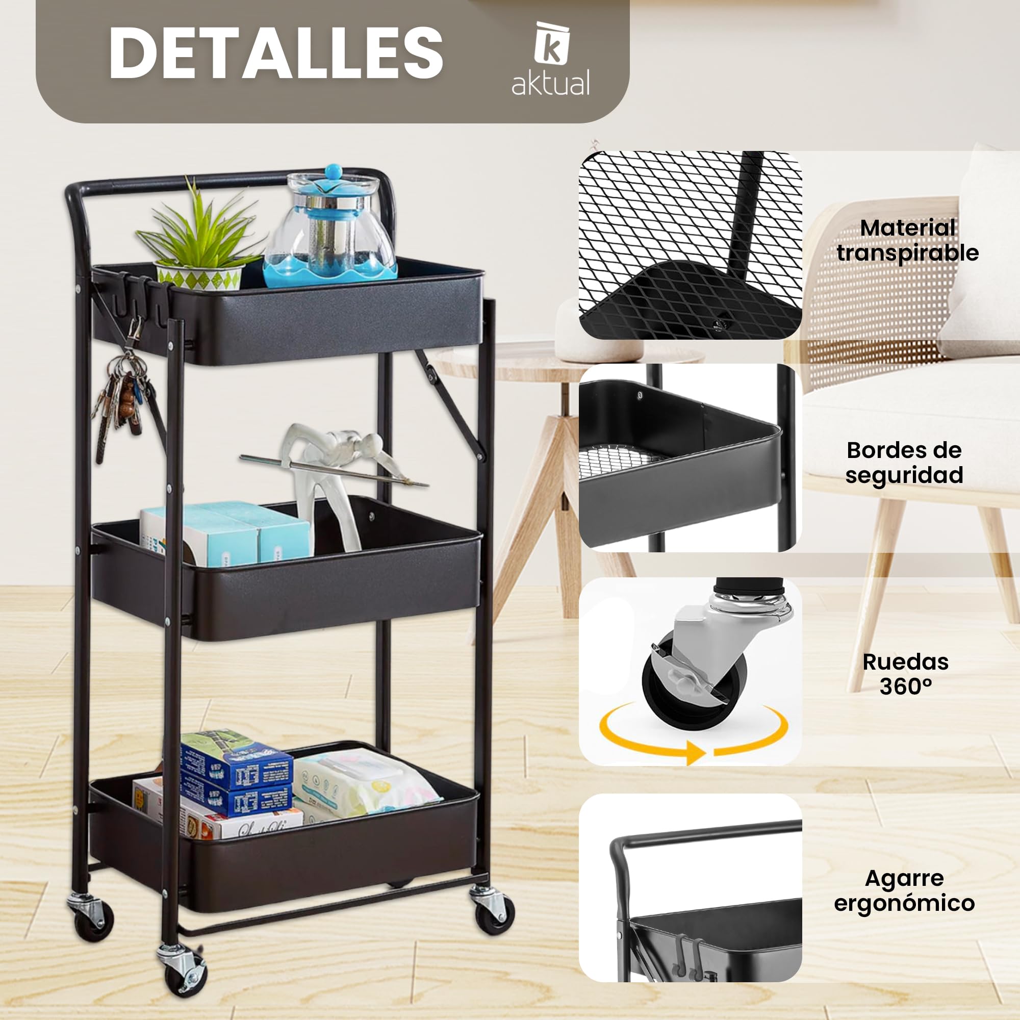 Carrito Cocina Plegable, Camarera Plegable con Ruedas. Carro Organizador almacenaje 45x30x87cm. Ideal para baño, Cocina, Oficina, estética. Color Negro.