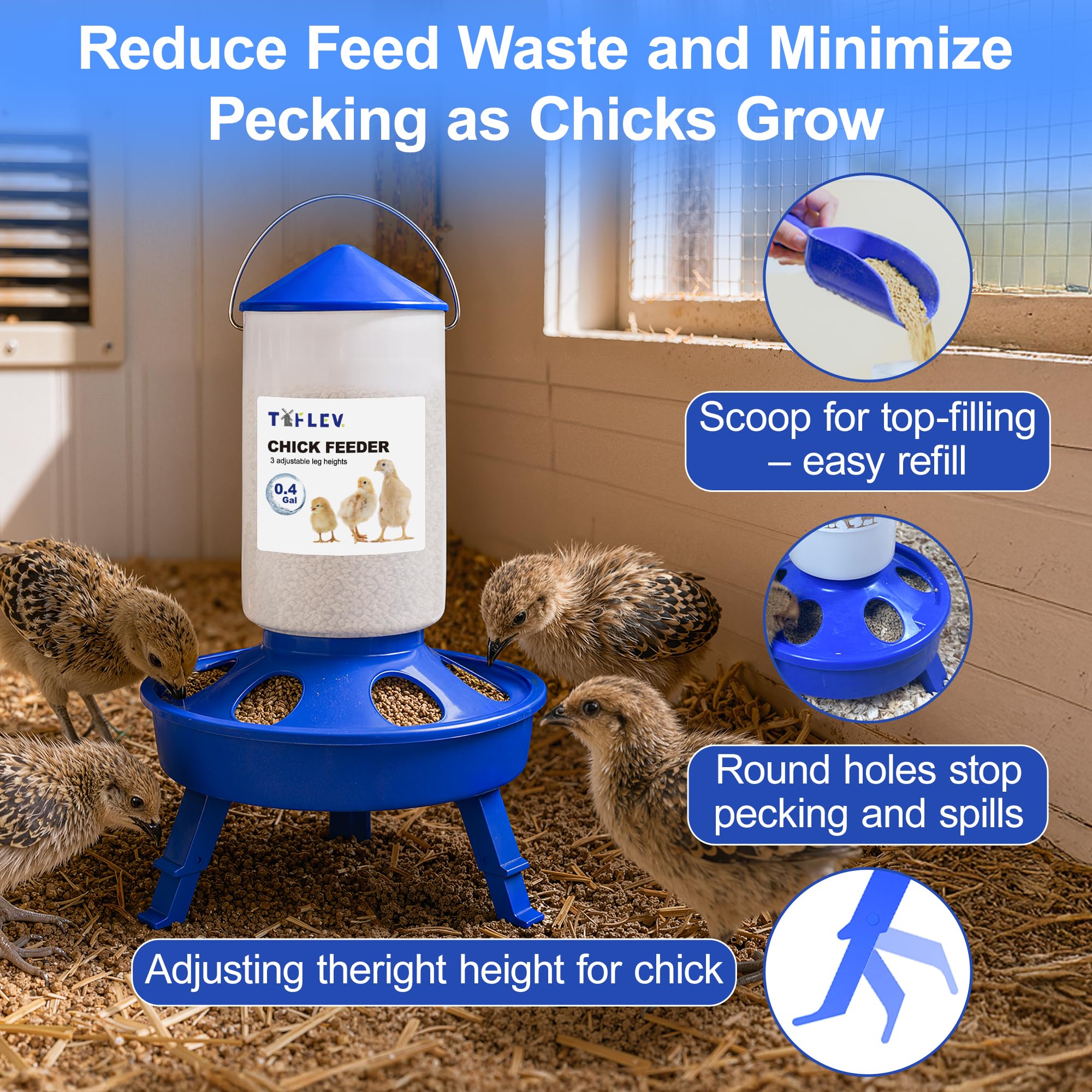 Kit de comedero y Bebedero para Pollitos con Cuchara, alimentador de Pollitos de 3.3 Libras y Bebedero para Pollitos de 0.4 galones con Patas Ajustables de 3 Alturas para Pollitos