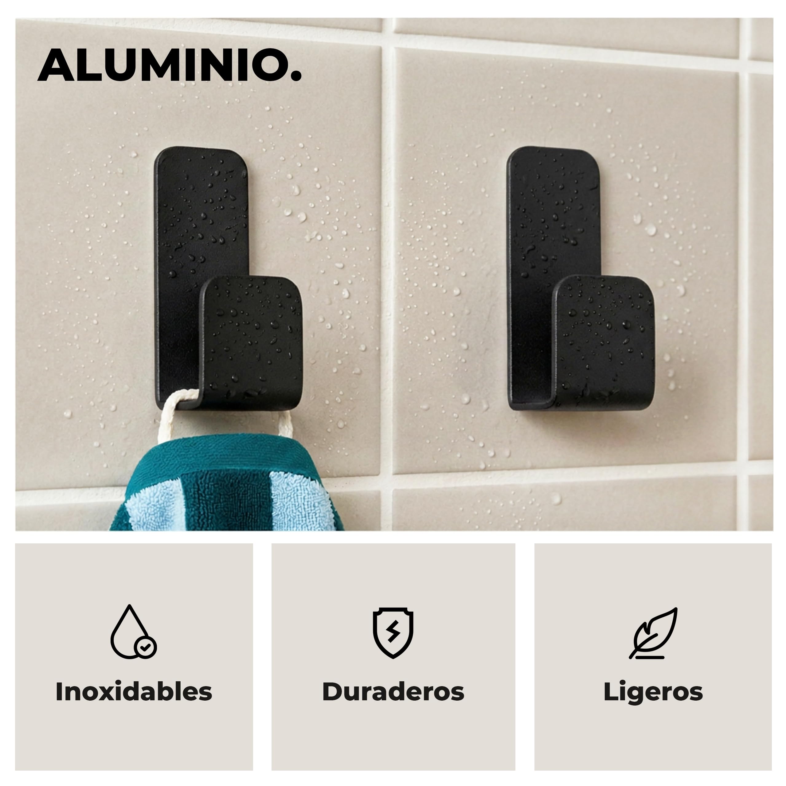 Pack 4 Ganchos Adhesivos para Pared | Colgadores Adhesivos Resistentes | Colgador Toalla Baño sin Taladro | Percha Baño, Dormitorio y Cocina | Negro Mate