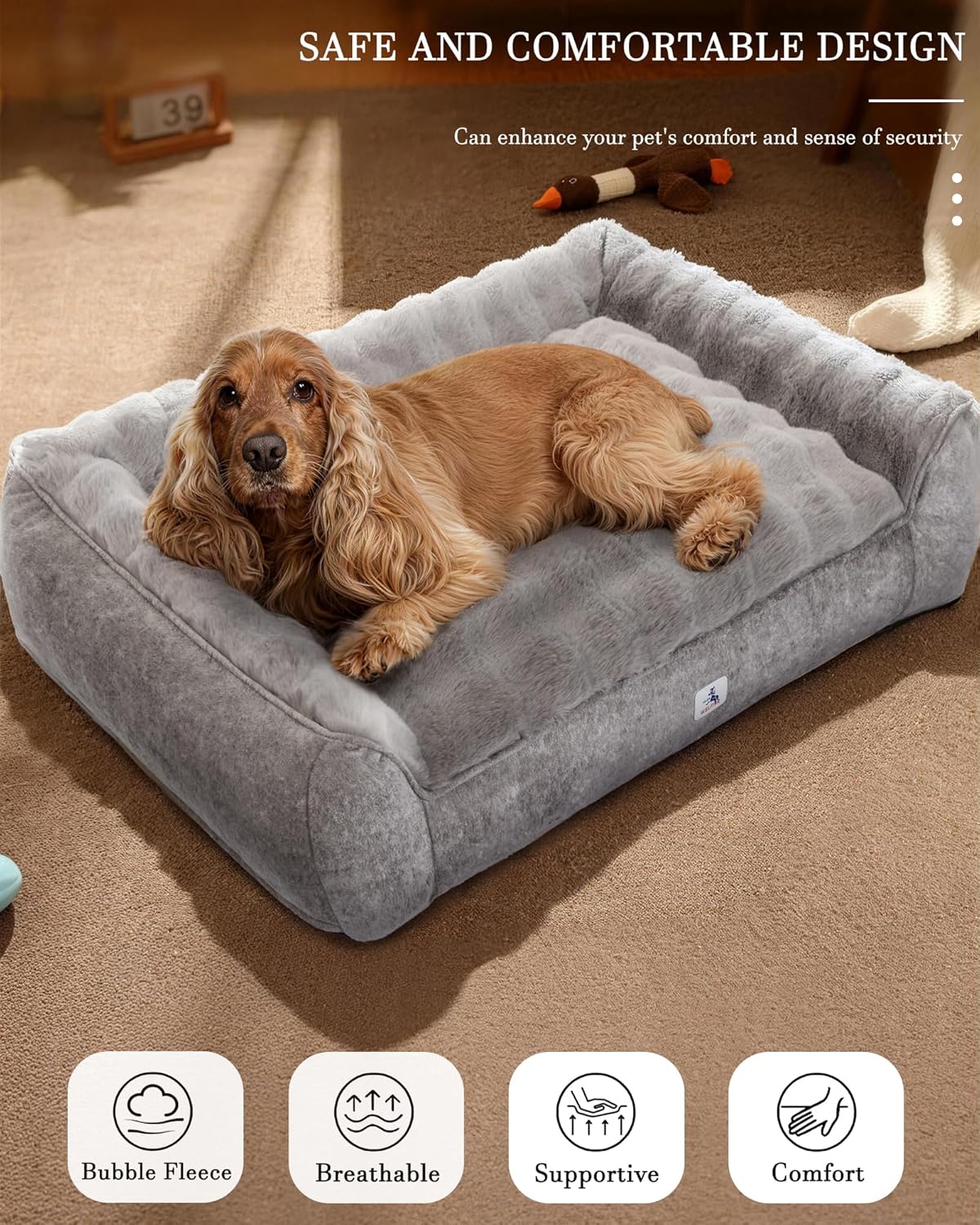 42” Dog Bed with Shredded Foam Filling, Calming Pet Sofa with Removable Washable Cover, Soft Faux Fur Bolster Couch for Dogs, Anti-Slip Bottom