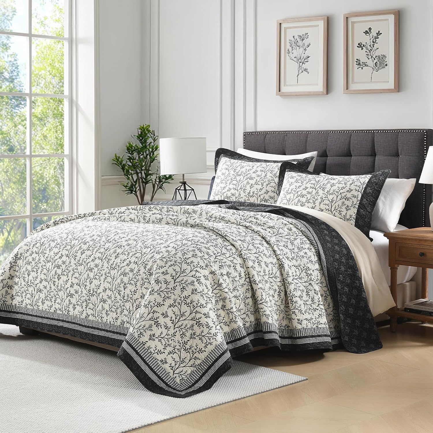 Uniclinens 100% Cotton King Quilt Set - Farmhouse Botanical Quilts Bedding Set, Chic Reversible Bedspreads King Size Coverlet Set for All Season, 3 Piece Lightweight Comforter, Ivory/Charcoal Gray