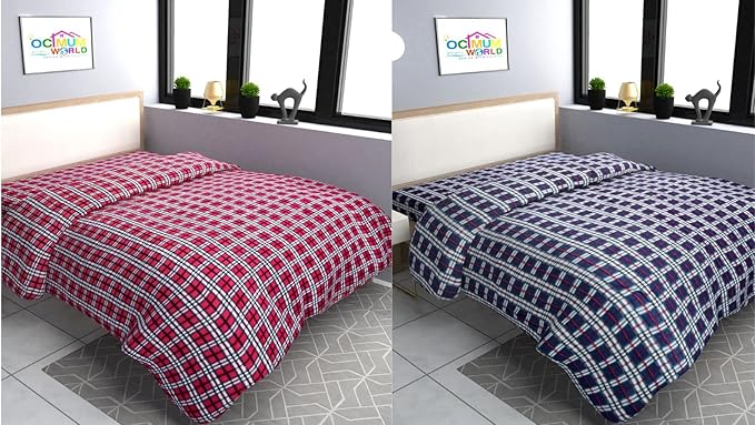 MORADO Single Bed Woolen Fabric Checkered Quilt Cover/Duvet Cover/Rajai Cover/Blanket Cover for Winters (70x90 Inches, Red and Blue, Combo of 2)