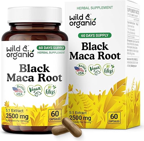 Wild & Organic Cápsulas de raíz de maca negra, 60 unidades, suplemento de apoyo a la salud general