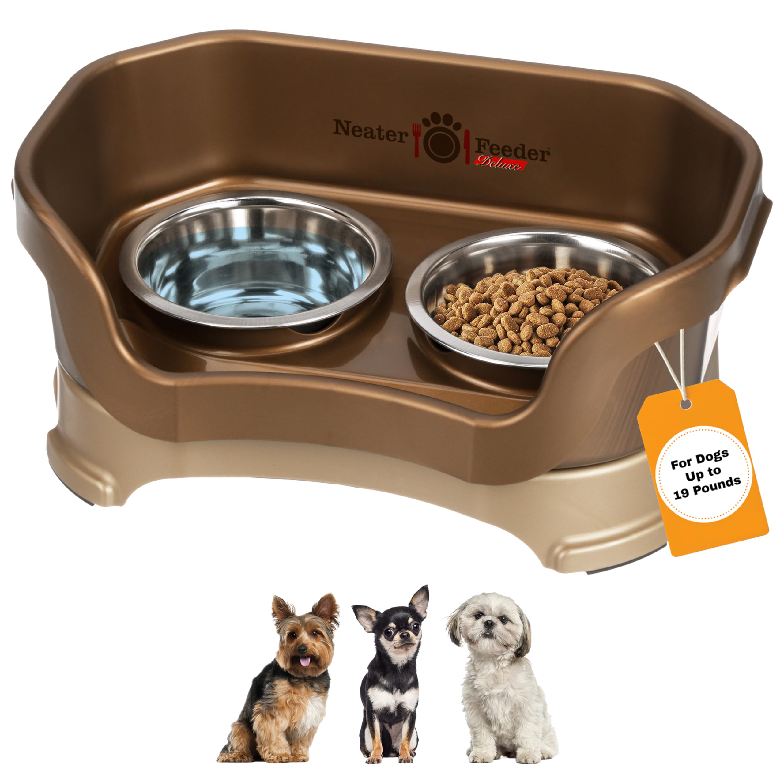 Neater Pet Brands Neater Feeder Deluxe Mess Proof Dog Bowls Elevated for Small Dogs Under 19 lbs, Made in USA, No Spill Raised Dog Food Bowl Stand Feeding Station, Food and Water Bowl Set, Bronze