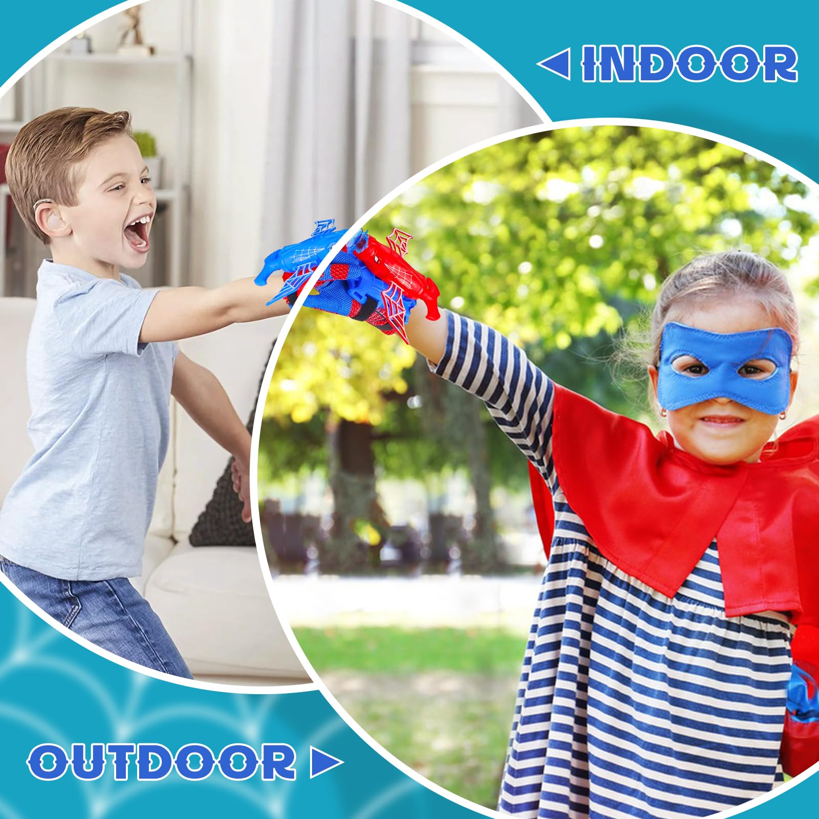 TISMHGKU Set di 2 Spiderm Guanti per Bambino, Launcher Glove Spara Ragnatele, Giochi Spiderm 3 4 5 6 7 Anni, Giocattolo da Polso Cosplay Supereroe, Regalo Compleanno e Feste Bambini