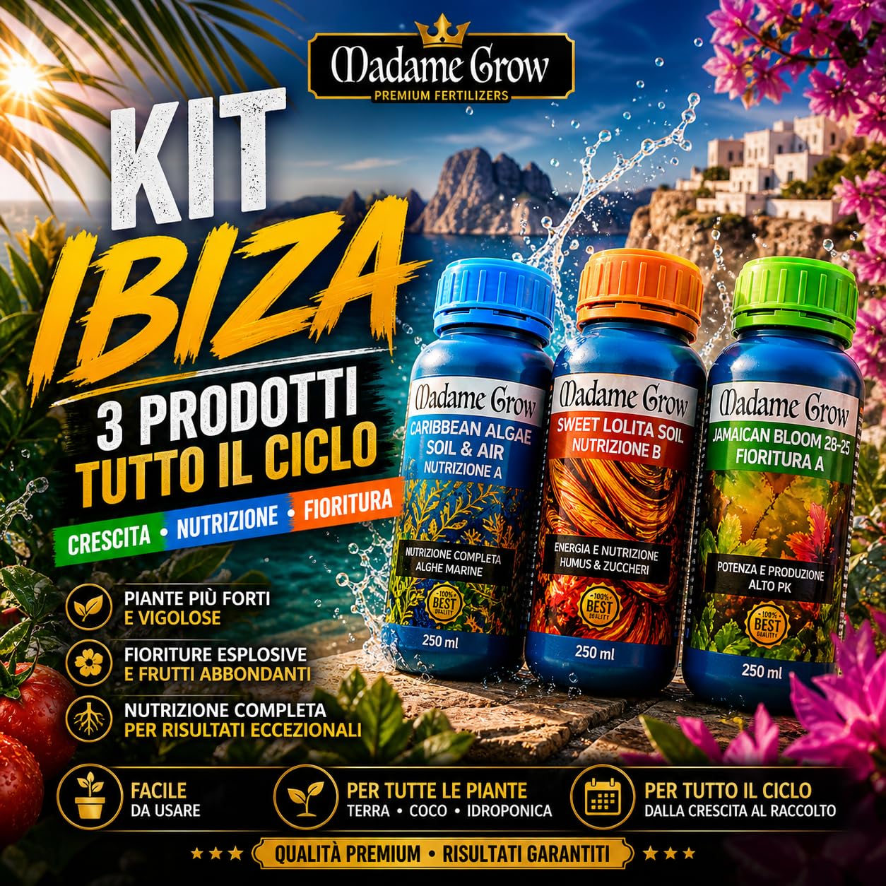 PACK IBIZA - Nawozy do uprawy roślin 420 - Algi, energia i PK Kwitnienia - Maksymalna wydajność - Większe plony - Duże kłosy (3 x 500 ml)