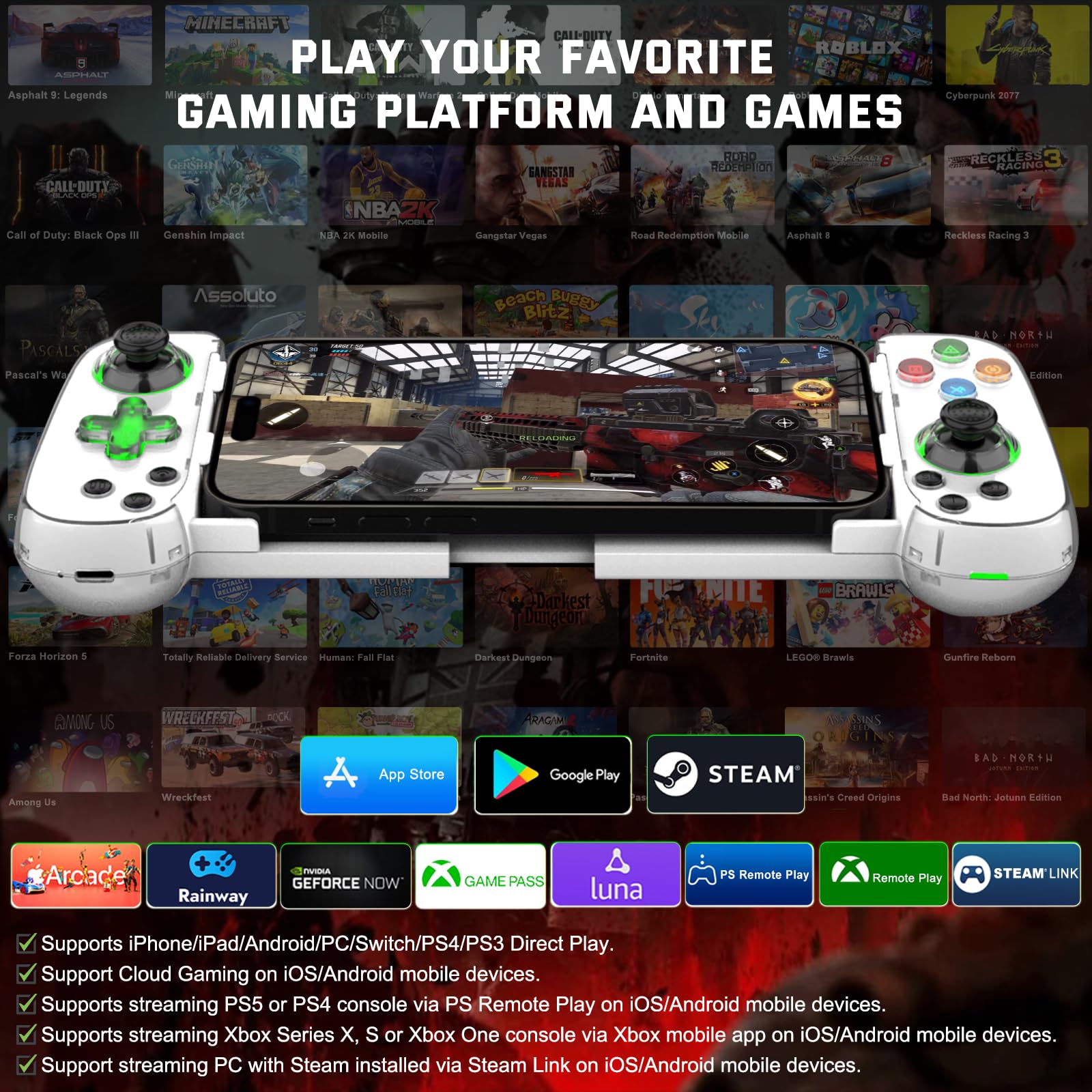 Joso Controller di Gioco Mobile per iPhone/Android/PC/Switch/PS4/PS3, Joystick Bluetooth Gamepad con Turbo/giroscopio/Vibrazione a 6 Assi, Play Call of Duty, Roblox, Genshin Impact, Cloud Gaming