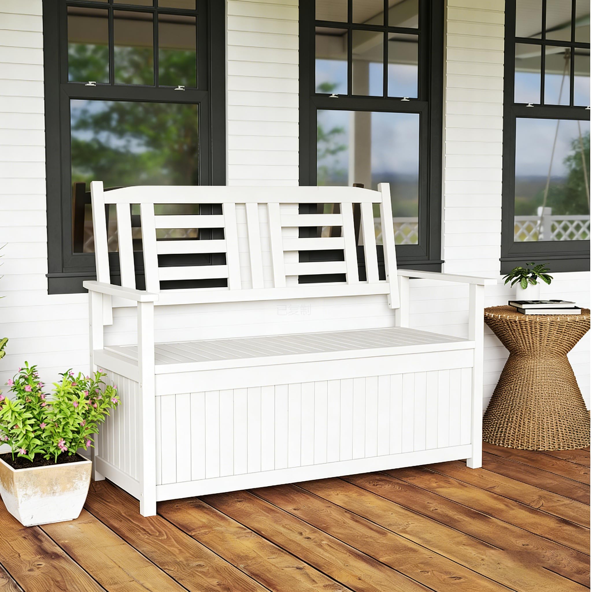 KOMFOTTEU Banco Arcón de Jardín de 2 Plazas, Banco Exterior de Madera Maciza con Almacenamiento 185 L, Baúl Contenedor con Reposabrazos y Respaldo, Carga 250 kg, 123 x 68,5 x 96 cm (Blanco)