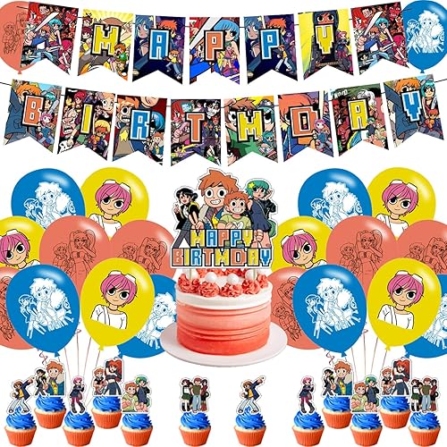 Suministros para fiestas de cumpleaños Scott Pilgrim, incluyendo tapas de pasteles, tapas de cupcakes, banderas, globos de látex, es muy adecuado