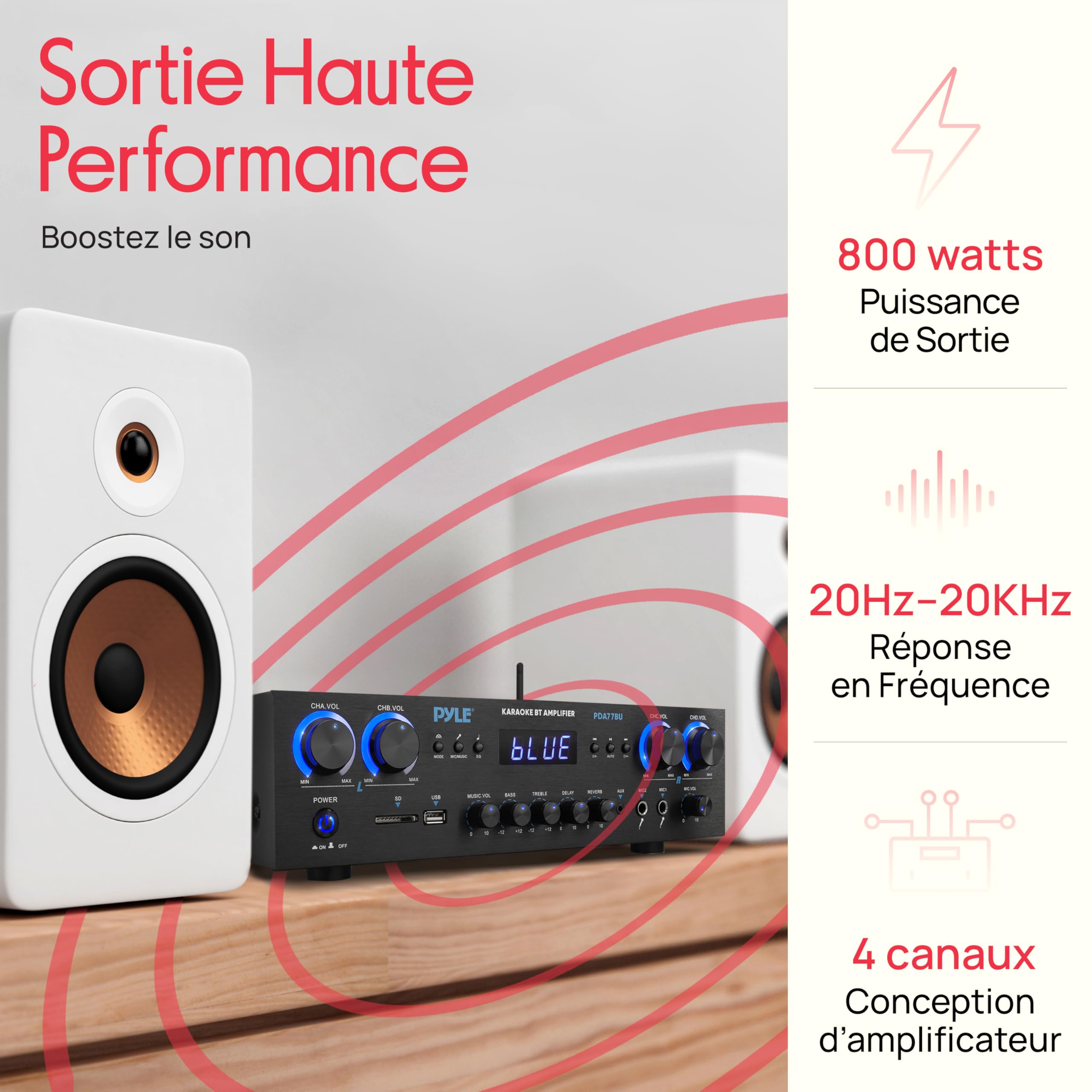 Pyle Bluetooth Versterker Karaoke 4-Kanaals Thuisbios