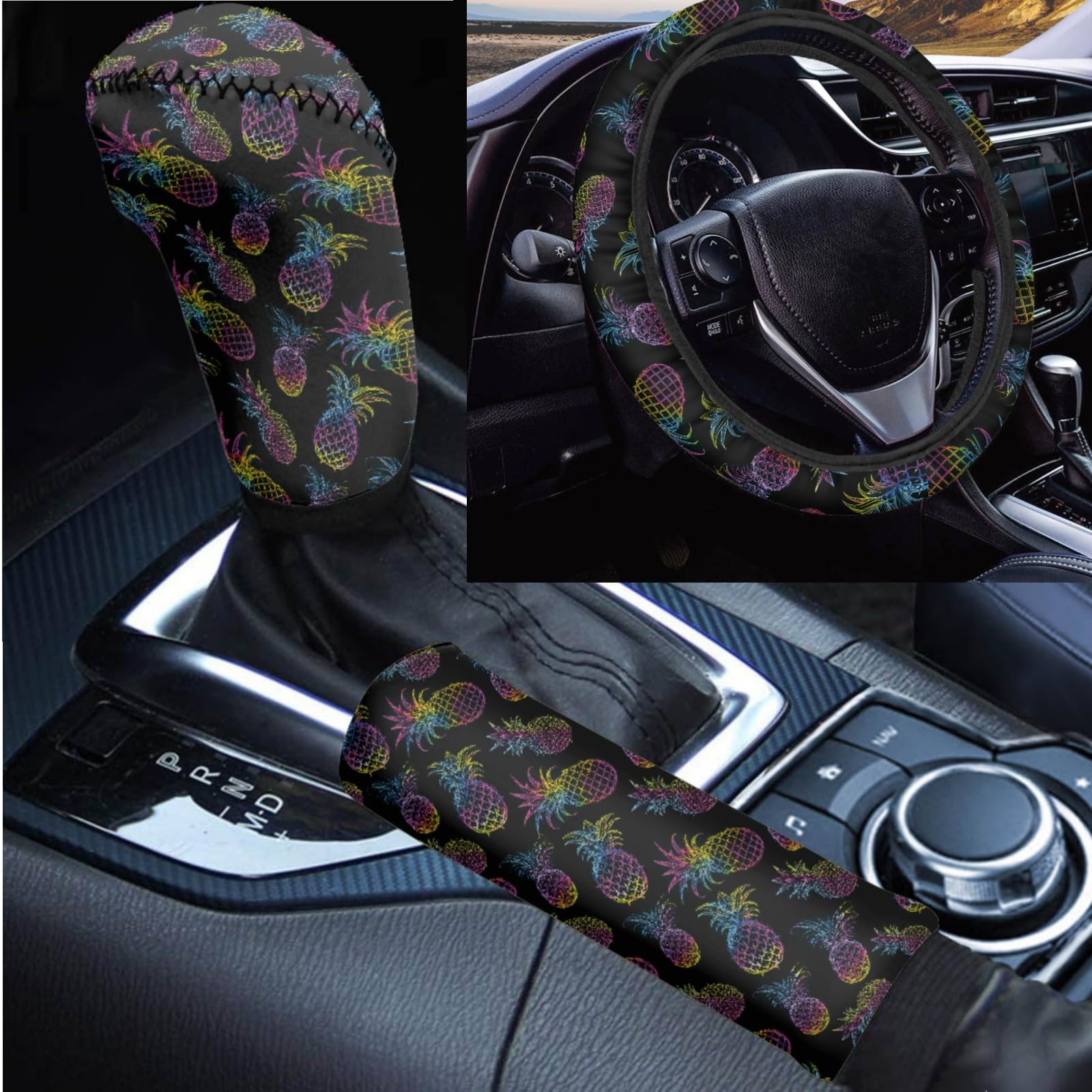 Hawaiian Pineapple Print Anti Slip Steering Wheel Cover Sweat Absorption,Soft Gear Shift Cover Handbrake Cover Stylish Car SUV Van Decor Accessories for Most Vehicles