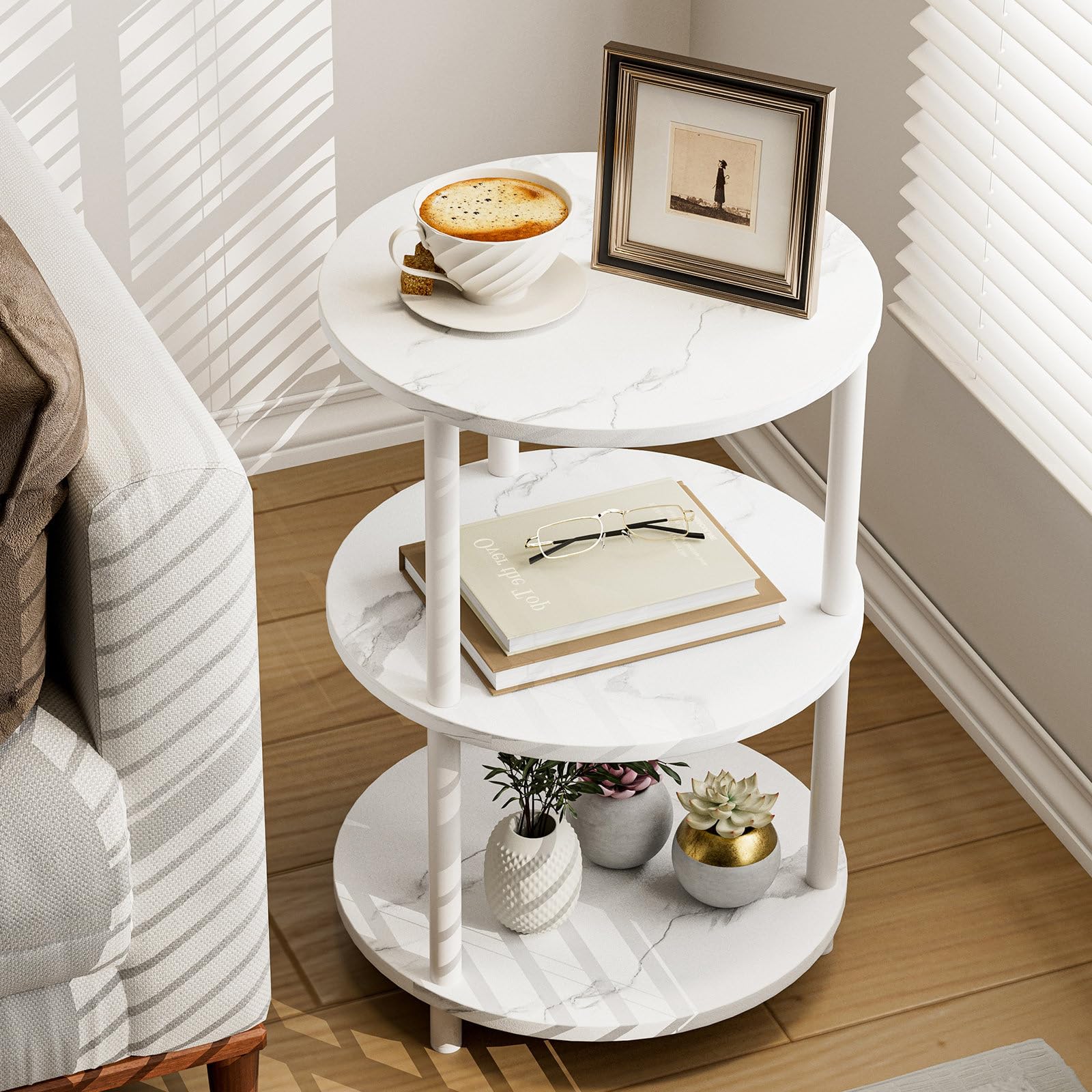 Photo 1 of XBurmo Round Coffee Table for Living Room - Narrow Side or Bedside Stand, Industrial Vintage Nightstand for Bedroom, or Small Spaces, Marble White