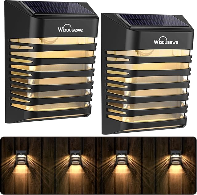Whousewe Solar Fence Lights, Solar Wall Lights Decoration Outdoor Waterproof with 2 Modes for Patio, Fence, Yard, Garden, Garage, Stairway, Gate, Warm Light(6 Pack)