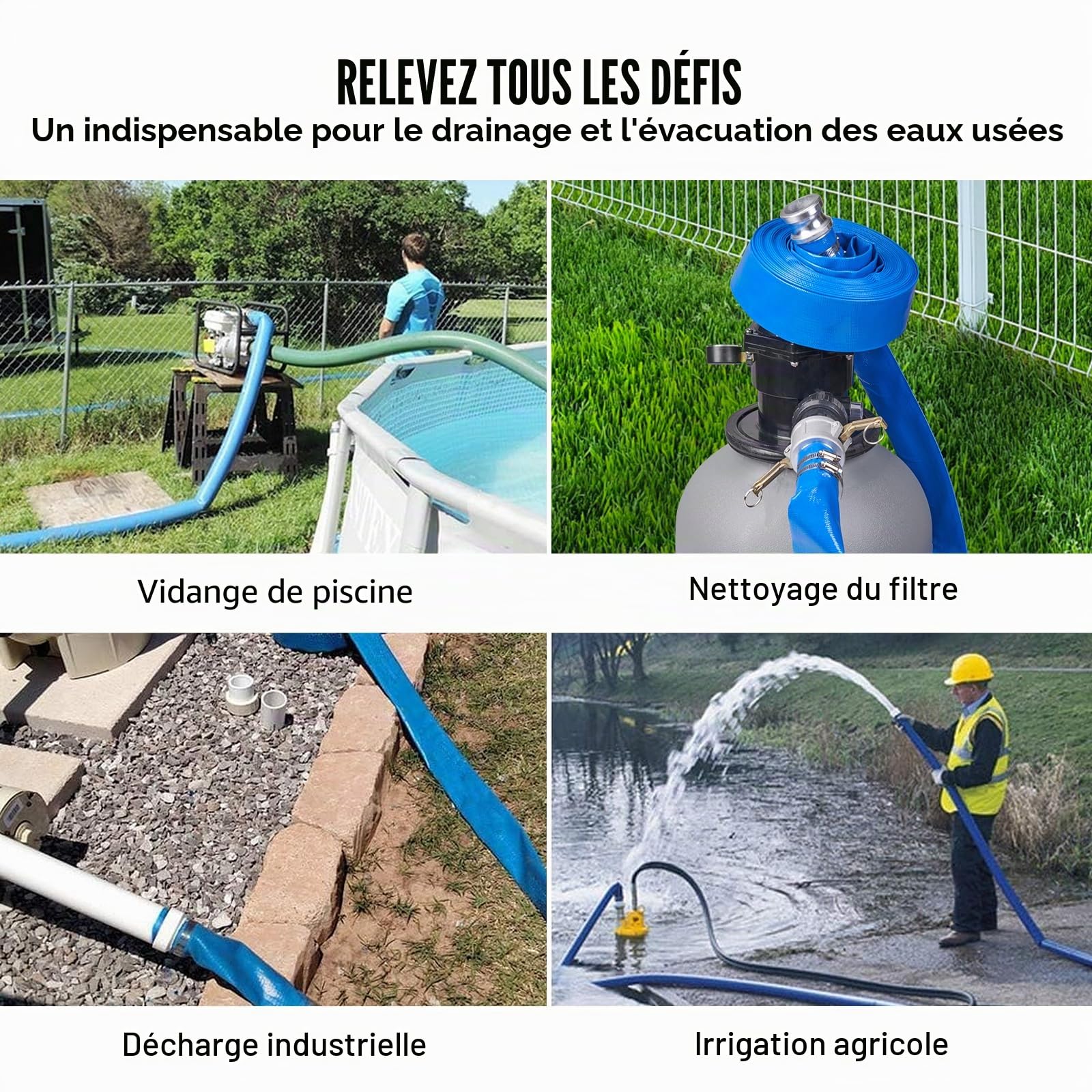 VEVOR Tuyau de lavage à contre-courant, 2 po x 50 pi, tuyau de décharge plat en PVC robuste avec raccords Camlock C & E en aluminium, pinces, compatible avec les pompes, filtres à sable, pour vidange