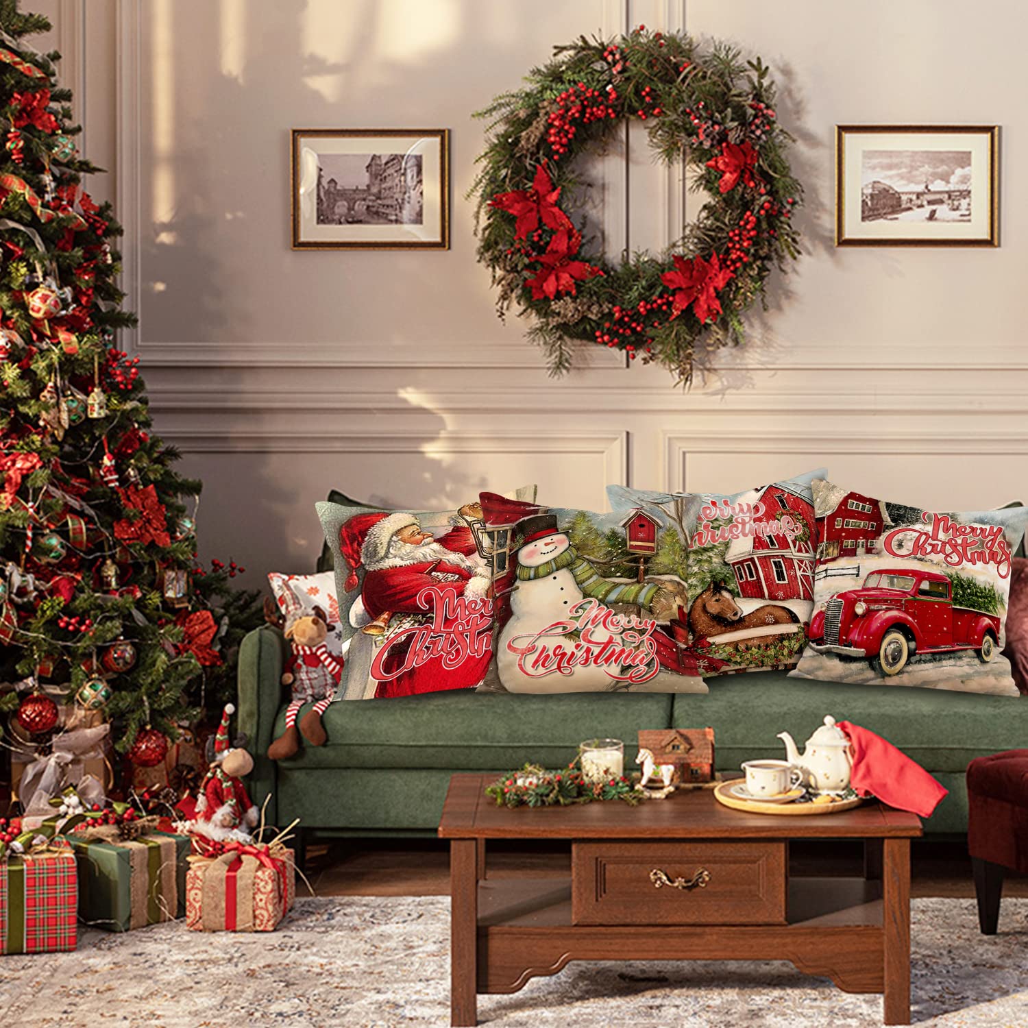 Lanpn Set di 4 federe per cuscino natalizio, 24 x 24 cm, motivo: Babbo Natale, pupazzo di neve, acquerello, decorazioni per feste, 24 x 24 cm, per interni ed esterni, casa e stanza