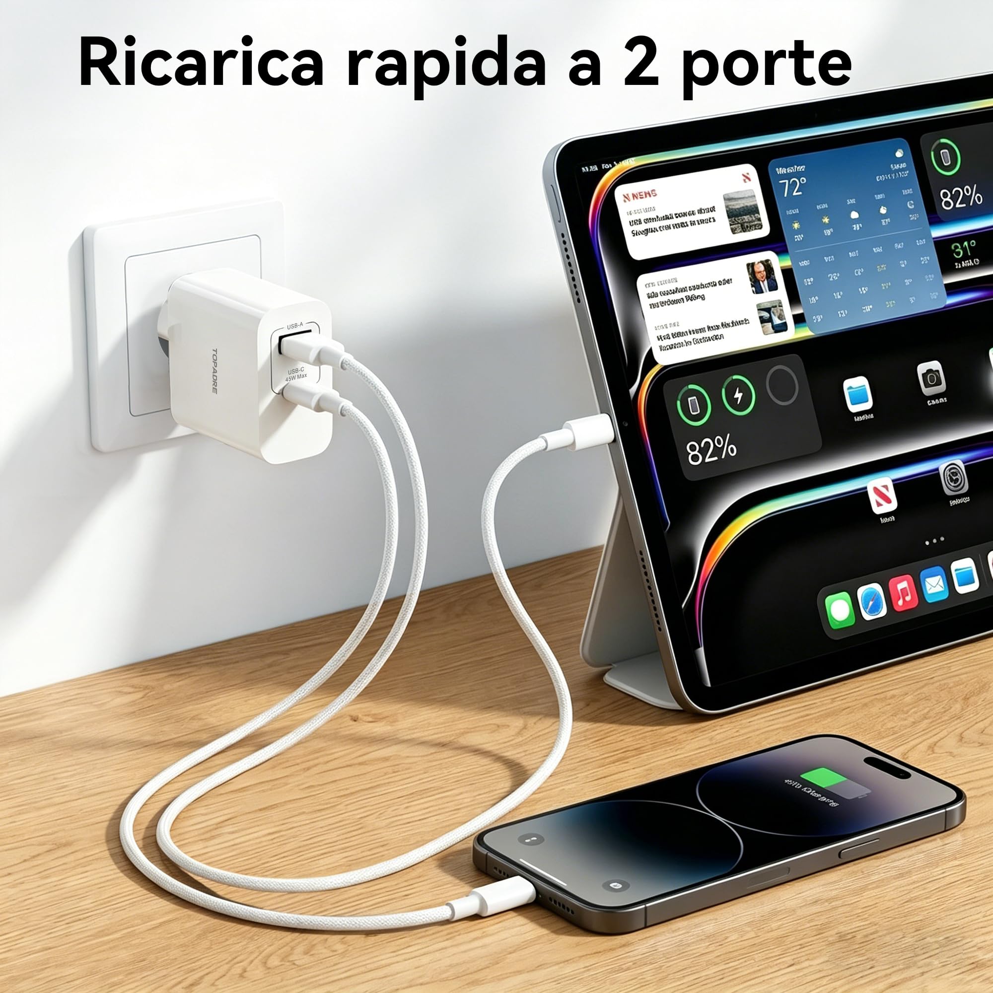 TOPADRE Confezione da 2 caricabatterie 45W con USB-C, 2 porte USB-C, ricarica rapida, PD/PPS Power Delivery, per Samsung Galaxy S25/S24/S23/S22/S21, per iPhone 17/16/15/14 Pro Max, bianco