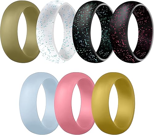 Alianzas de boda de silicona para ella, paquete de 7, anillos de silicona flexibles para mujer, anillo de silicona con purpurina para mujer, anillos
