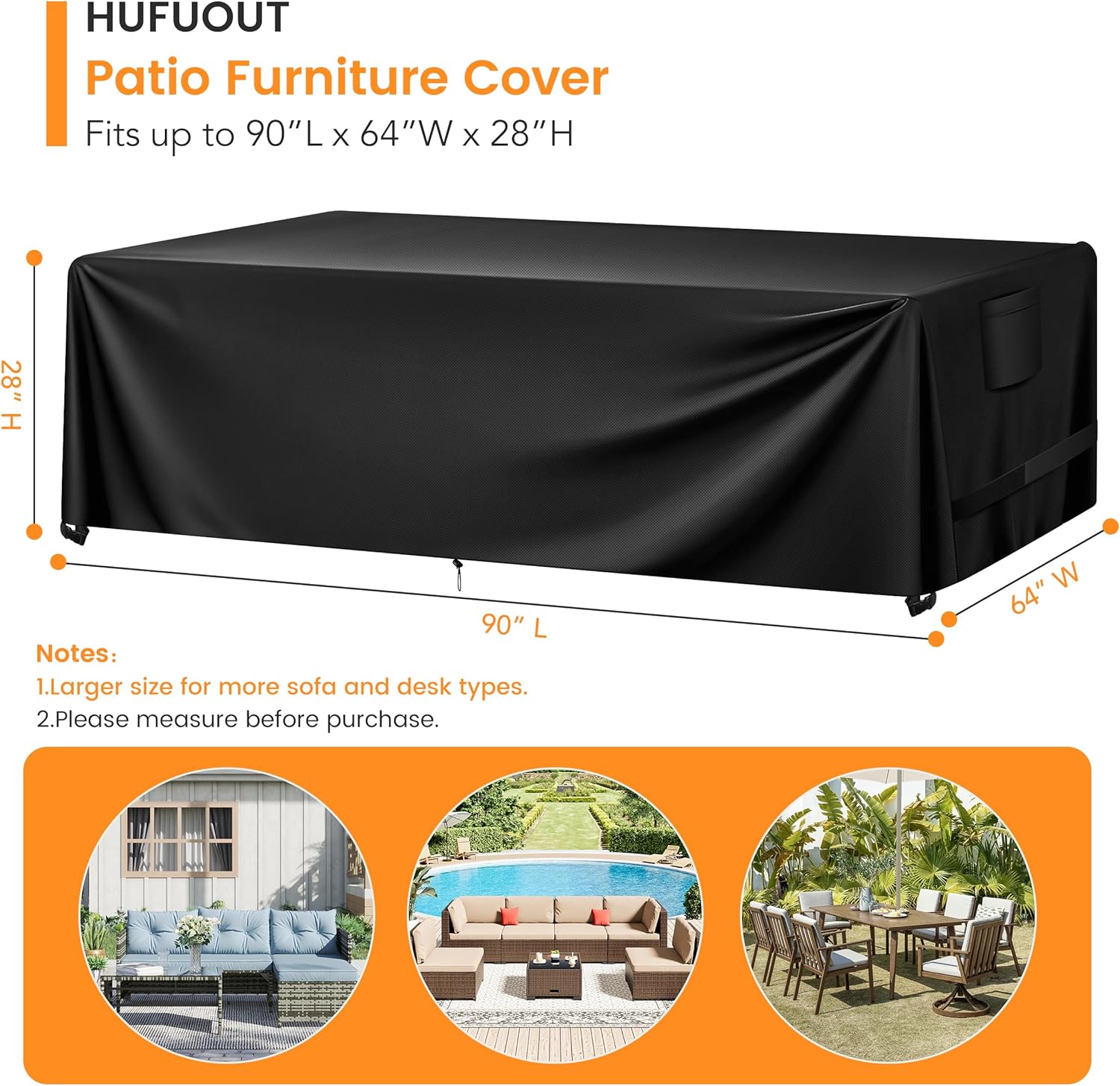 Patio Furniture Covers, Outdoor Furniture Cover Waterproof, General Purpose, Outside Table and Chair Covers, Heavy Duty 420D (Black, 90"L x 64"W x 28"H)