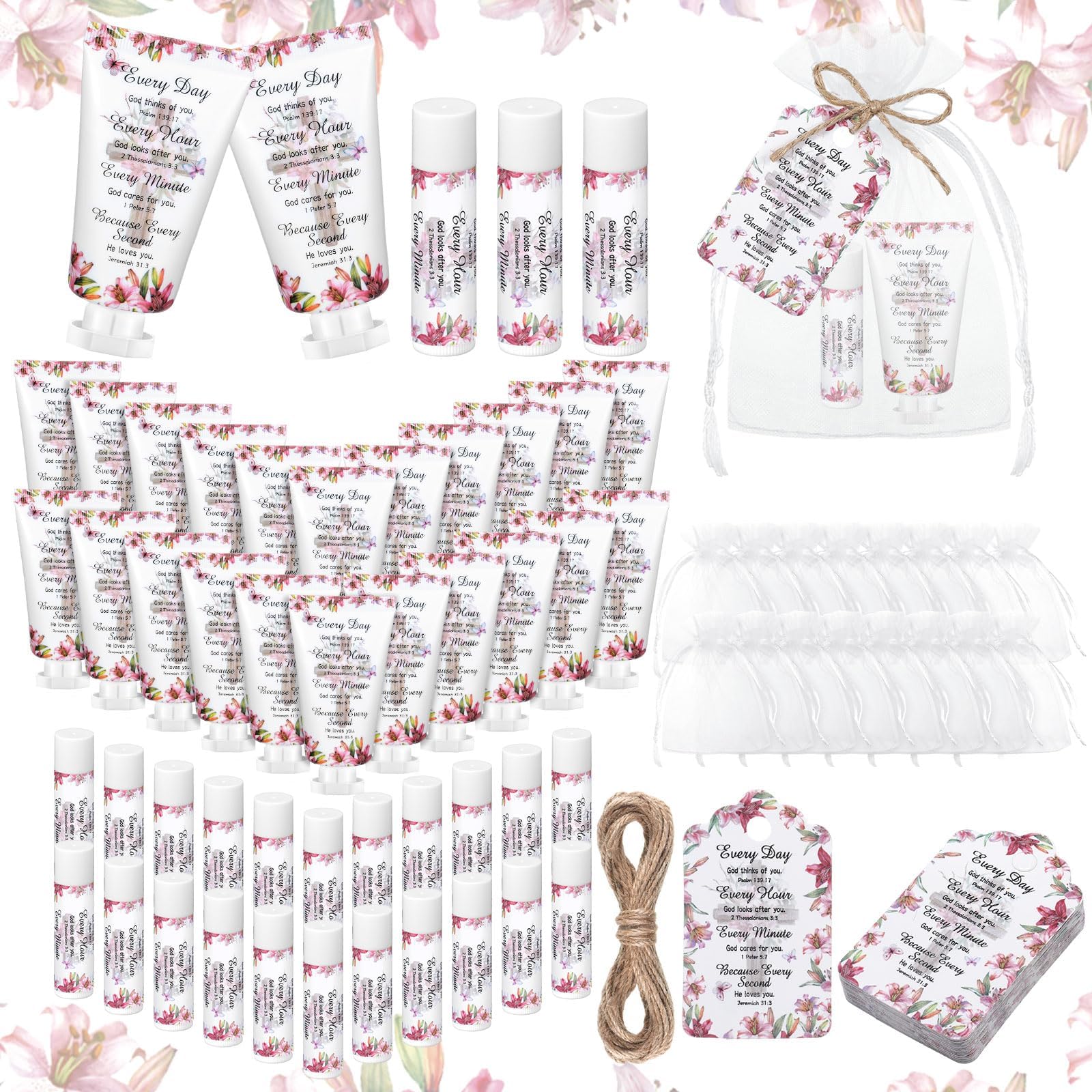 48 Sets Christian Hand Cream and Lip Balm Gift Set Christmas Christian Gift for Women Travel Size Hand Lotion Lip Balm Bulk with Organza Bag and Tag for Baby Shower Mom Holiday Gift(Fresh)