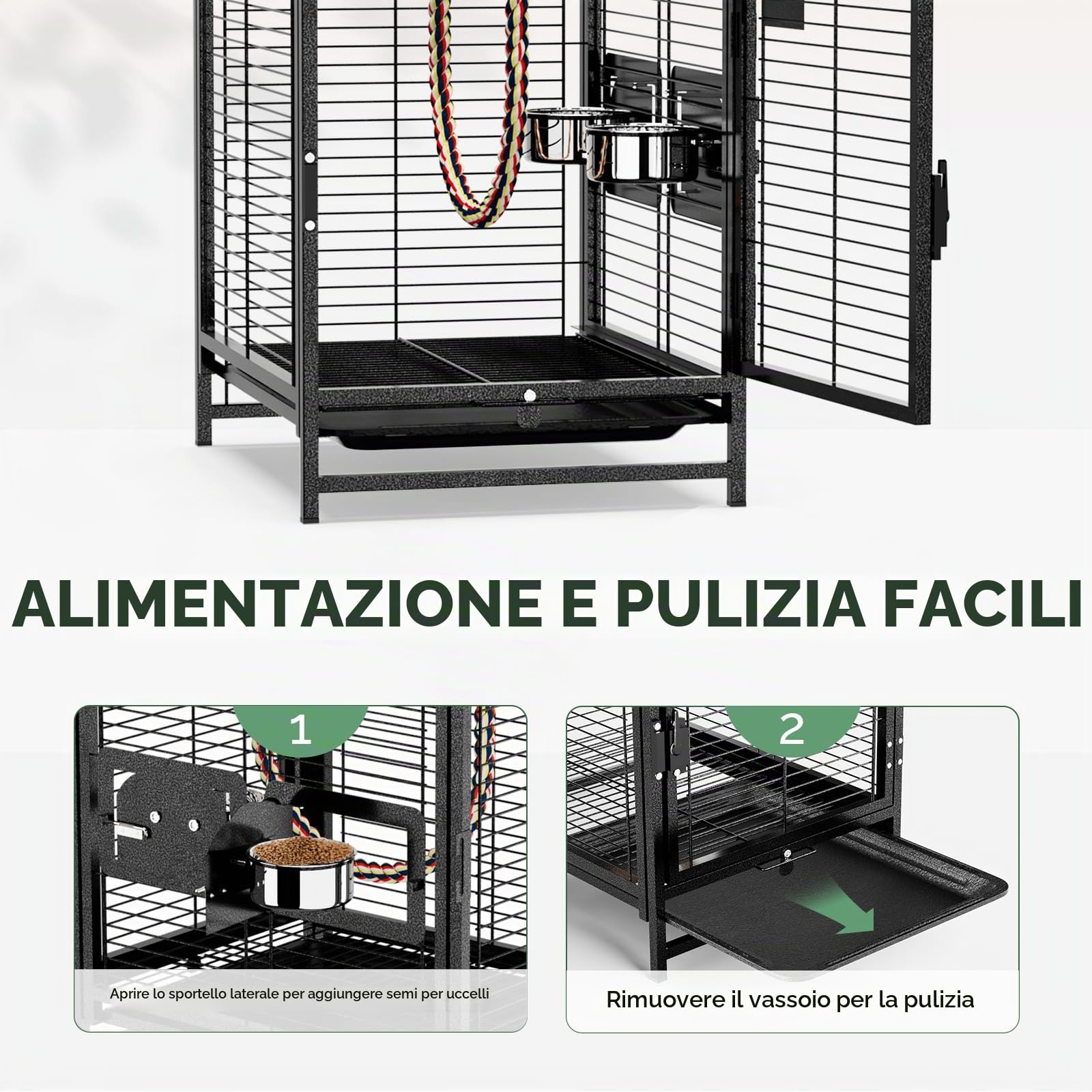 LEADZM Gabbia per uccelli per pappagalli, portatile, con manico in legno, robusta gabbia in ferro con vasca rimovibile, 65 x 48 x 37 cm