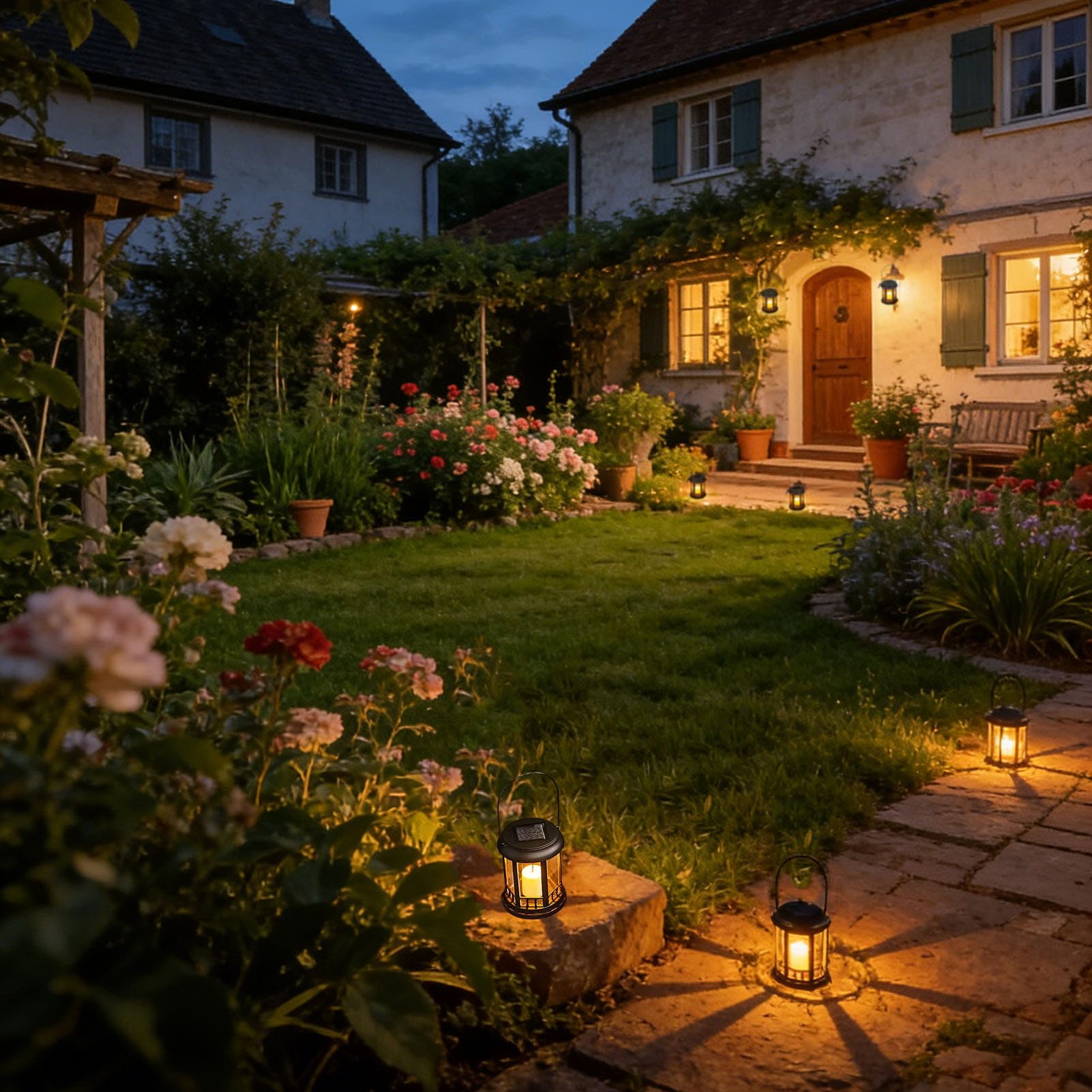Yowin Lanterne da Esterno 4 Pezzi Grande Lanterna Solare da Giardino con Candele, Lampada Solari da Appendere Impermeabile Lampade da Tavolo per Arredo Terrazzo Balconi Decorazioni - Nero