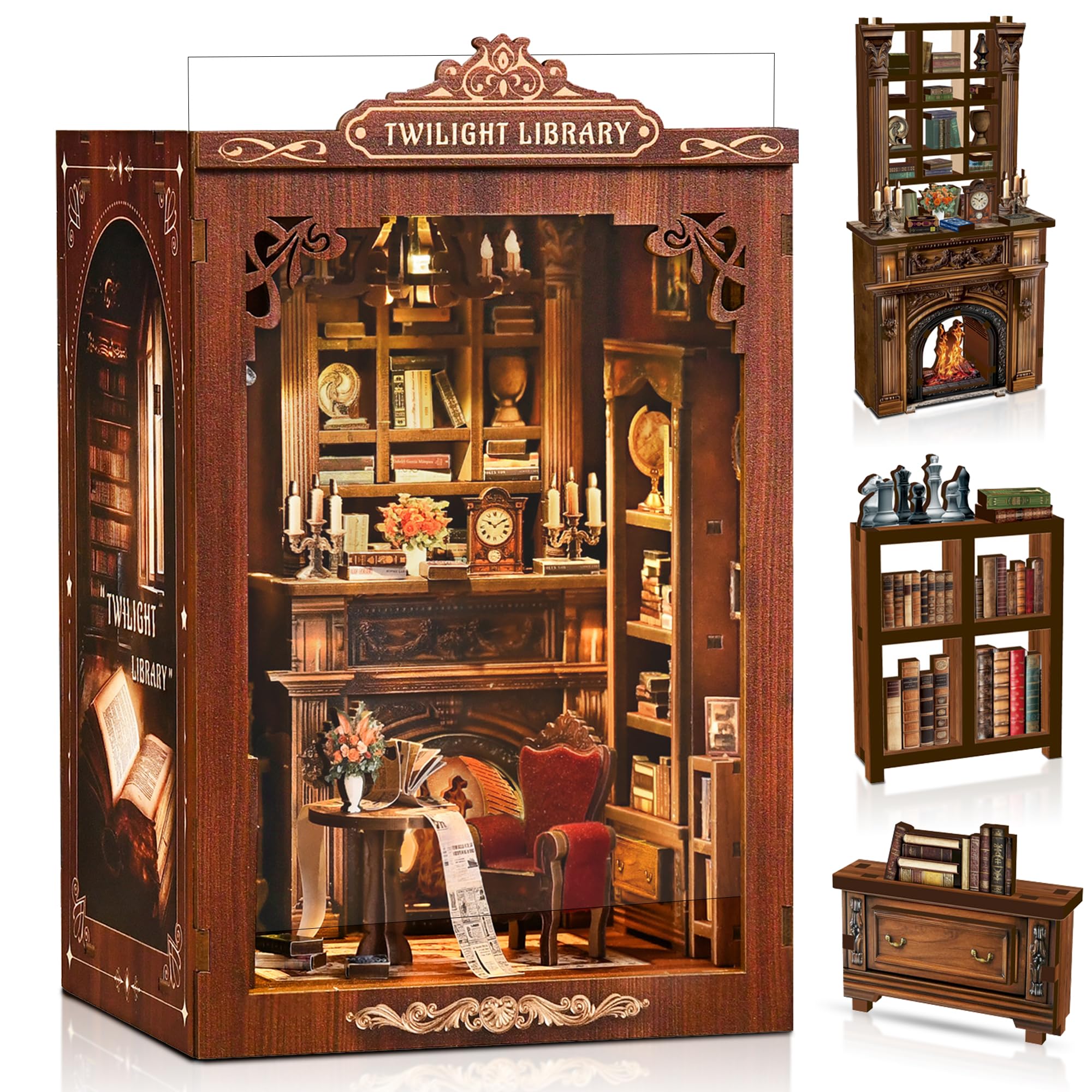 Kit Book Nook pour Adultes: LUMYCE Puzzle 3D en Bois avec poussière et lumière LED - Maquette Déco et Architecture pour Les Amoureux des Livres créatifs