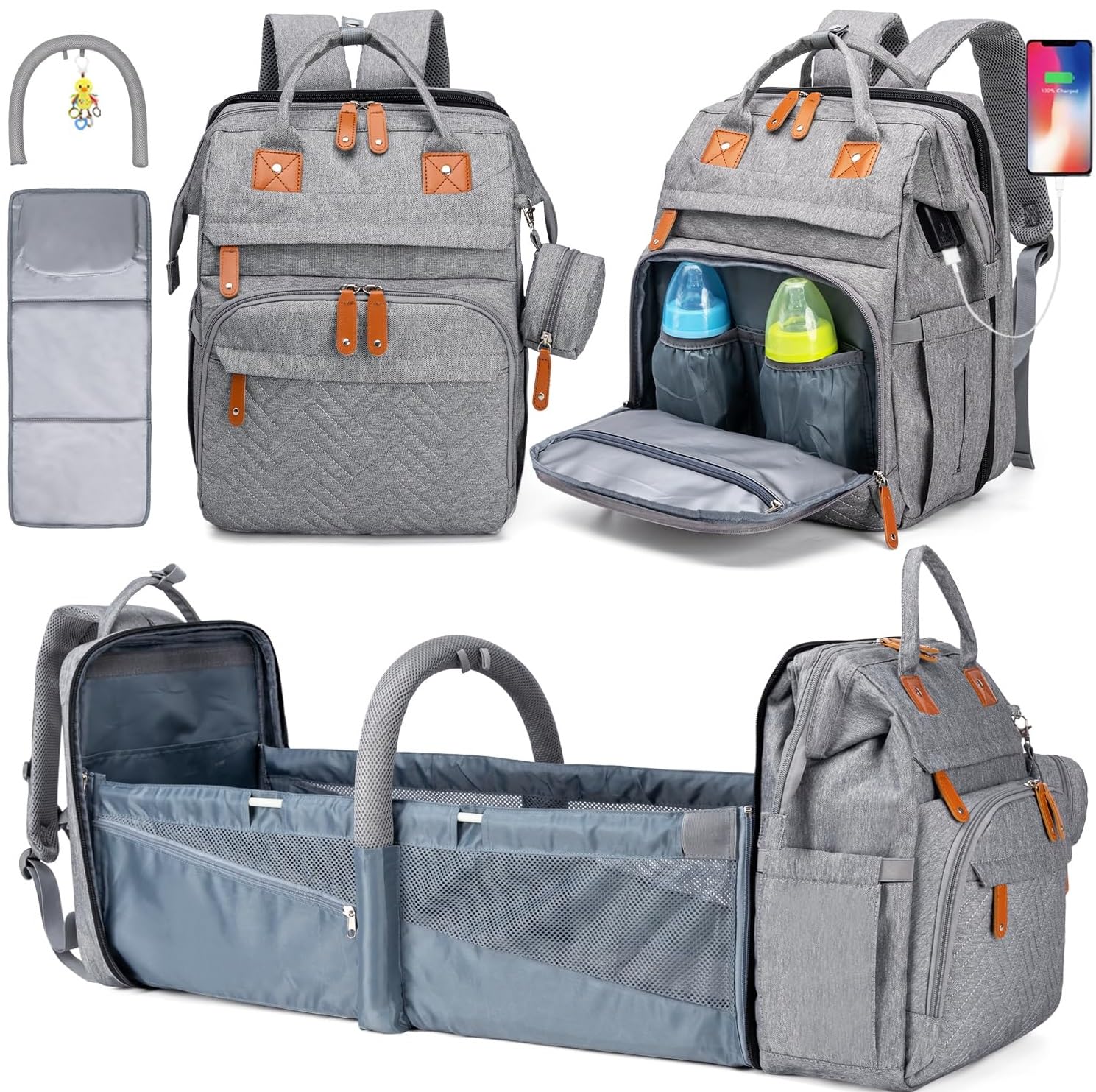 Makasla Diaper Bag Backpack, Large Baby Diaper Bags for Boys Girls, Baby Bag with USB Charging Port, Multifunction Waterproof Travel Back Pack for Moms Dads, Grey
