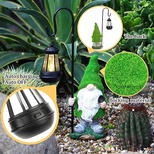 Miniatura 2 de Estatua de gnomo de jardín flocada con luz LED solar, figuras grandes y divertidas de gnomos de hadas con linterna solar, decoraciones de otoño al