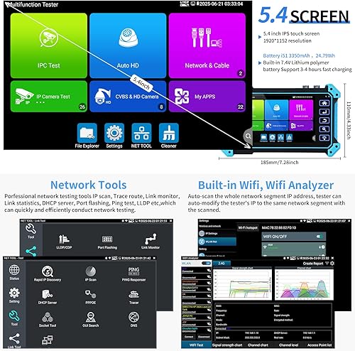 Miniatura 7 de Rsrteng Probador de cámara IP con trazador de cables, IPC-5200C Plus 8MP AHD CVI TVI SDI CVBS Prueba de cámara IP 4K HD Monitor de video 5 pulgadas