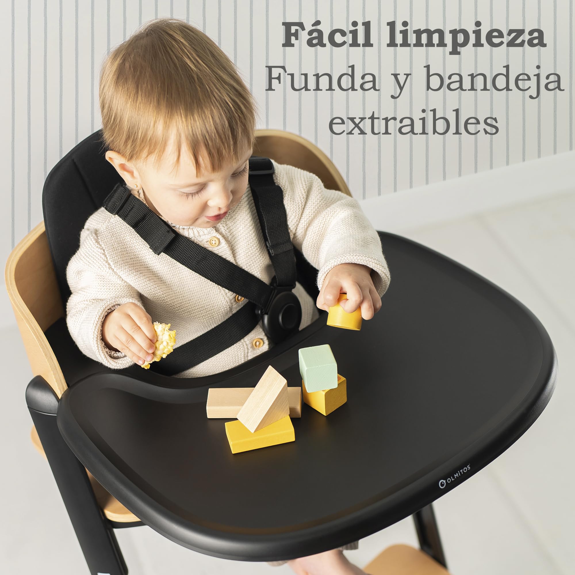 Olmitos Trona evolutiva de madera 2 en 1 DINNA Silla infantil Evolutiva y convertible desde 6 meses hasta adolescencia | Ajustable en altura y profundidad, bandeja extraíble y arnés 5 puntos (Negro)
